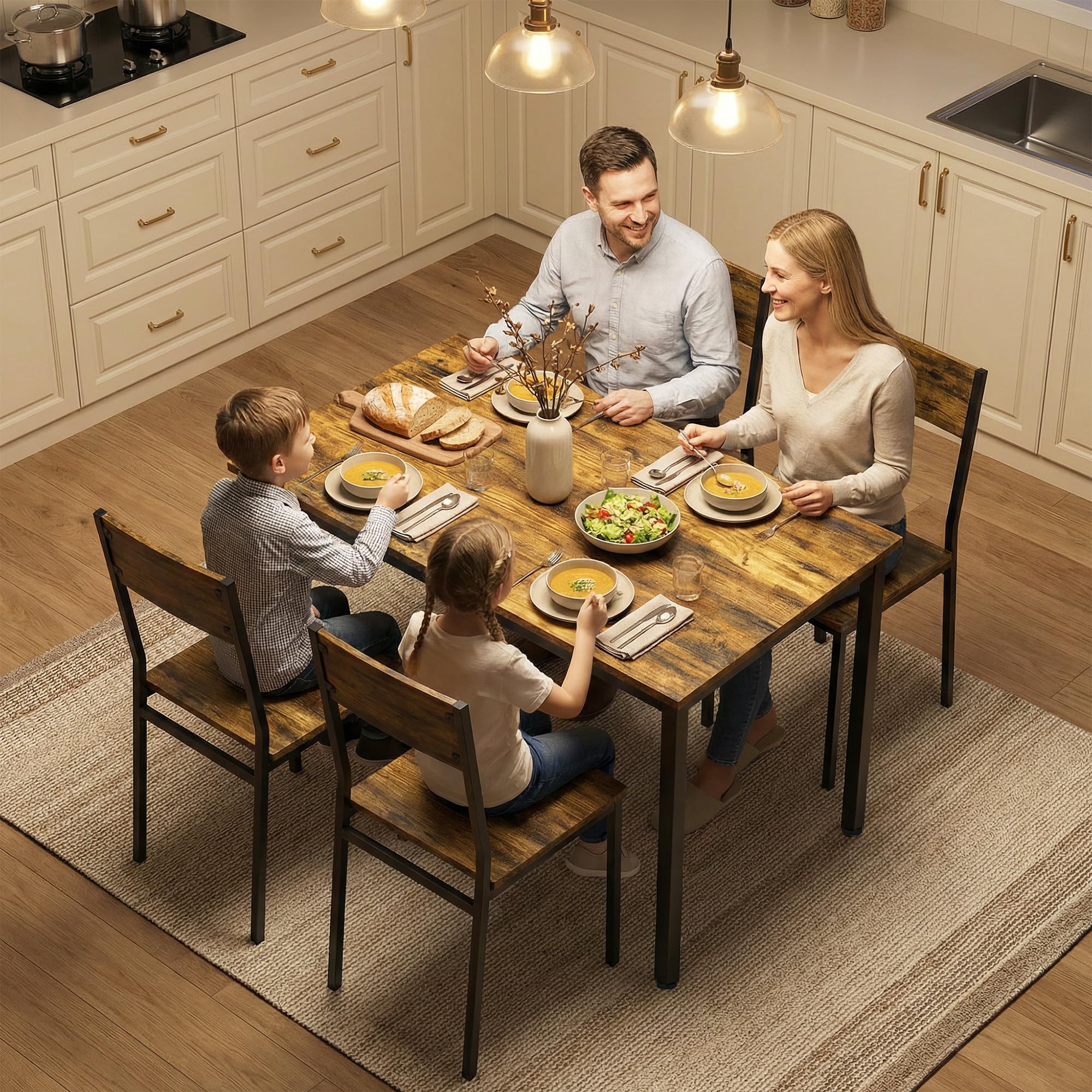 HOMCOM Ensemble Table Salle à Manger avec 4 chaises, Table de Cuisine pour 4 Personnes, Plateau rectangulaire 108 cm, Style Industriel, Pieds en métal, idéal Petit Espace, Brun Rustique