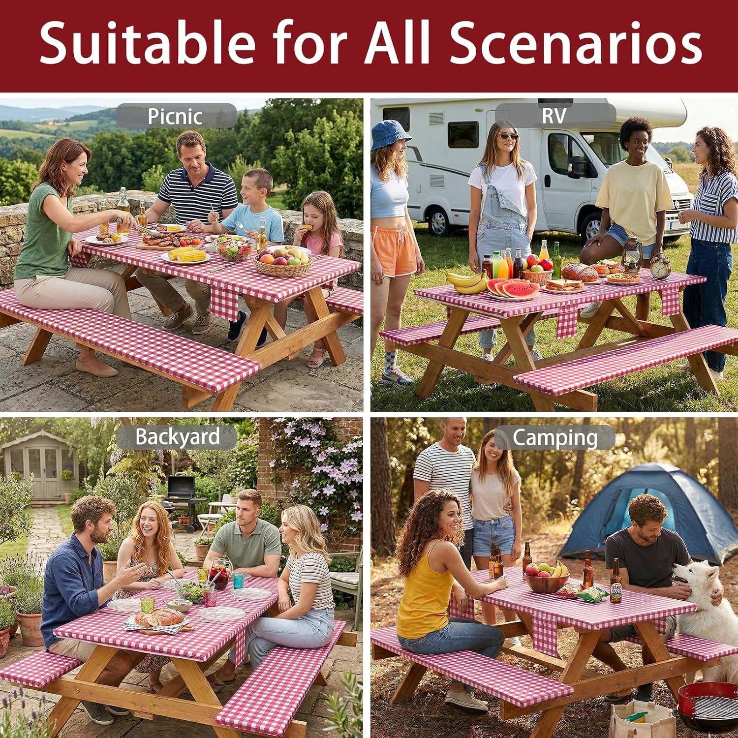 Jobunai Fitted Picnic Table Cover with Bench Covers Elastic Waterproof Outdoor Camping Tablecloth for 8 Foot Rectangle Tables Camper Summer Accessories Rv Car Essentials Vacation Gifts for Men Women image 5