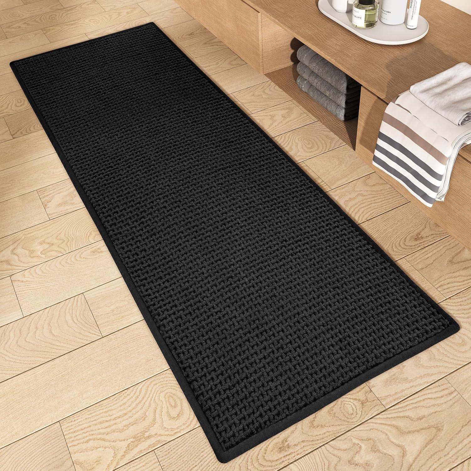 Color&Geometry Black Bathroom Runner Rug- Non Slip, Absorbent, Quick Dry, Thin, Washable- 20"x47" Long Bath Mat Runner Chenille Bathroom Carpet for Bathroom Floor, Shower, Bathtub, Vanity Black 20"x47"