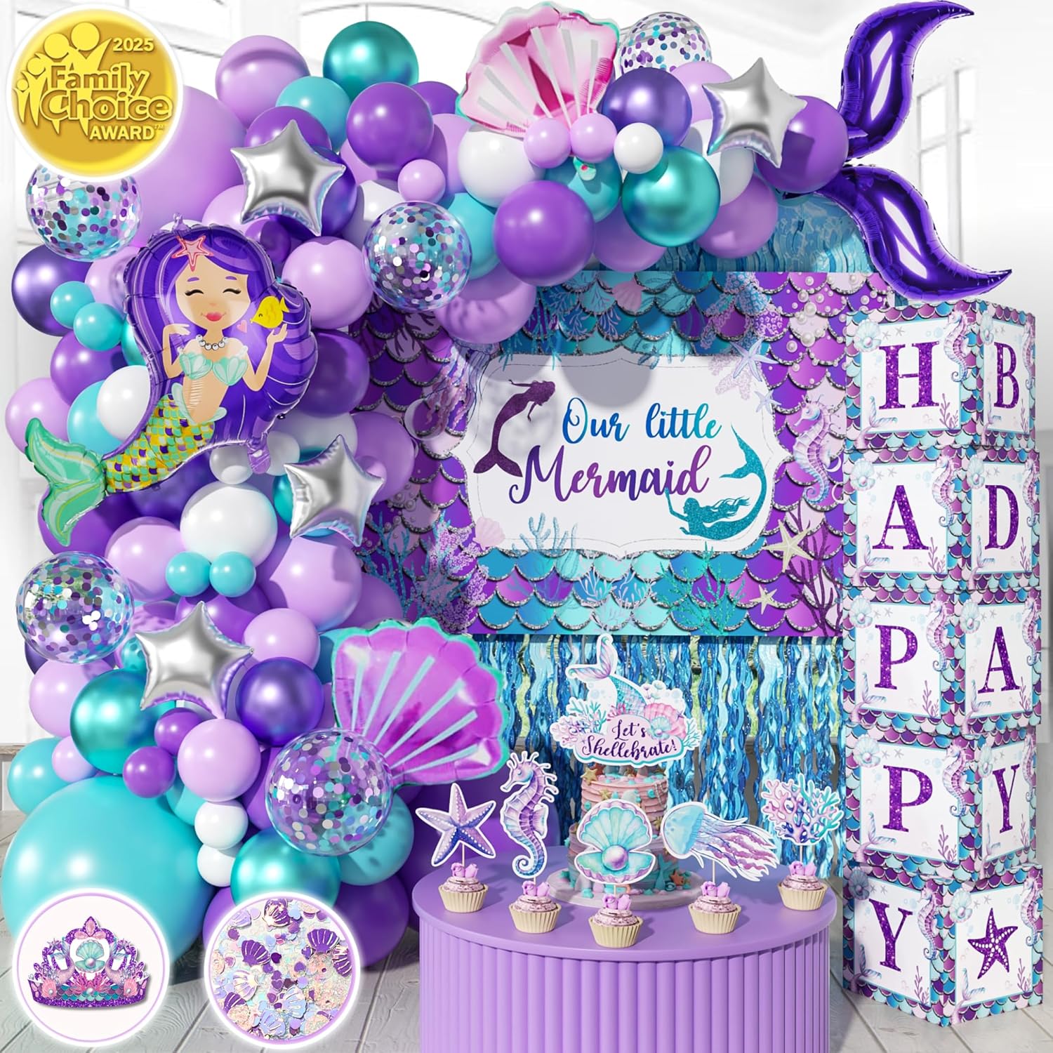 248 Pieces Little Mermaid Birthday Decorations Kit, All-in-1 Girl's Party Decor Package With Mermaid Tail Balloon Garland, Foil Curtains, Fabric Backdrop, Princess Crown - Purple, Teal