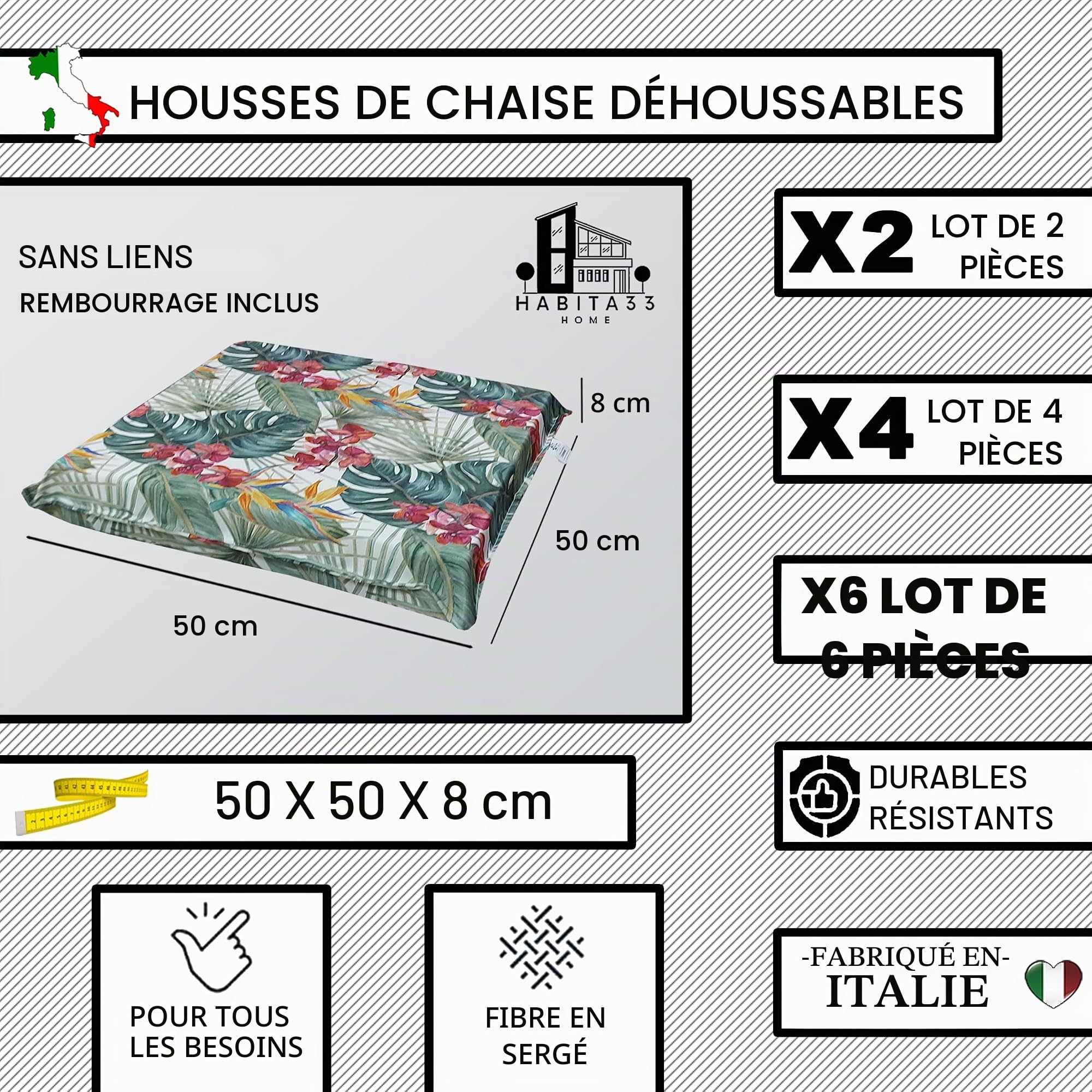 Lot de 4 Coussins de Chaise de Jardin 50x50x8 cm – Assise Confortable et Épaisse – Coussins Carrés avec Housse à Fermeture Éclair – Déhoussables et Lavables pour Chaises et Transats (4 Flowering)