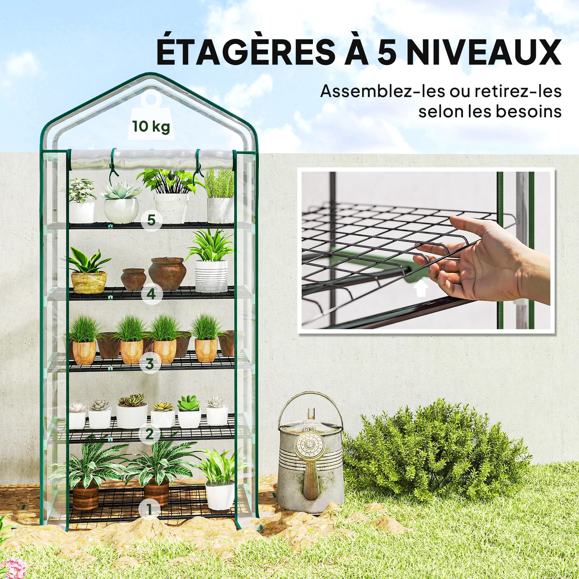 Outsunny Gewächshaus mit 5 Regalen 90x49x193cm Transparent | Balkongewächshaus, verstärkte Abdeckung, Stahlrahmen, aufrollbare Reißverschlusstür, für Gemüse, Pflanzen, Blumen.