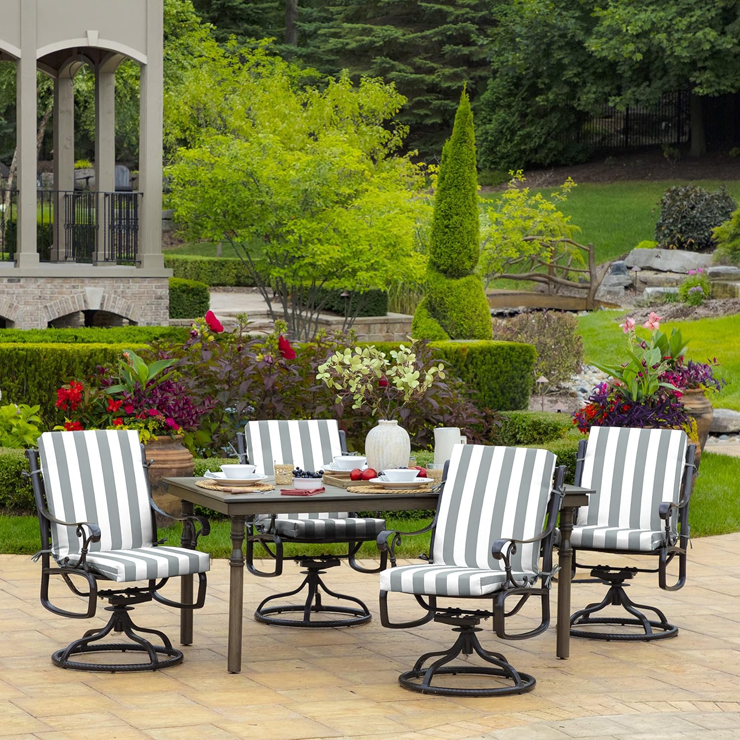 Arden Outdoor Patio Dining Chair Cushion, 20x44, Rain-Proof Seat Pad, Fade-Resistant Outdoor Cushion Stone Grey Cabana Stripe