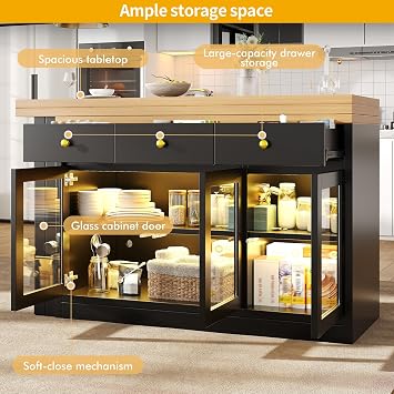 360° Rotating Bar Table,Extendable Kitchen Island with LED Lights,120–200 cm Adjustable Dining Table with Storage, 3 Drawers & Glass Cabinets,Open Storage Space Breakfast Bar Table (Black)