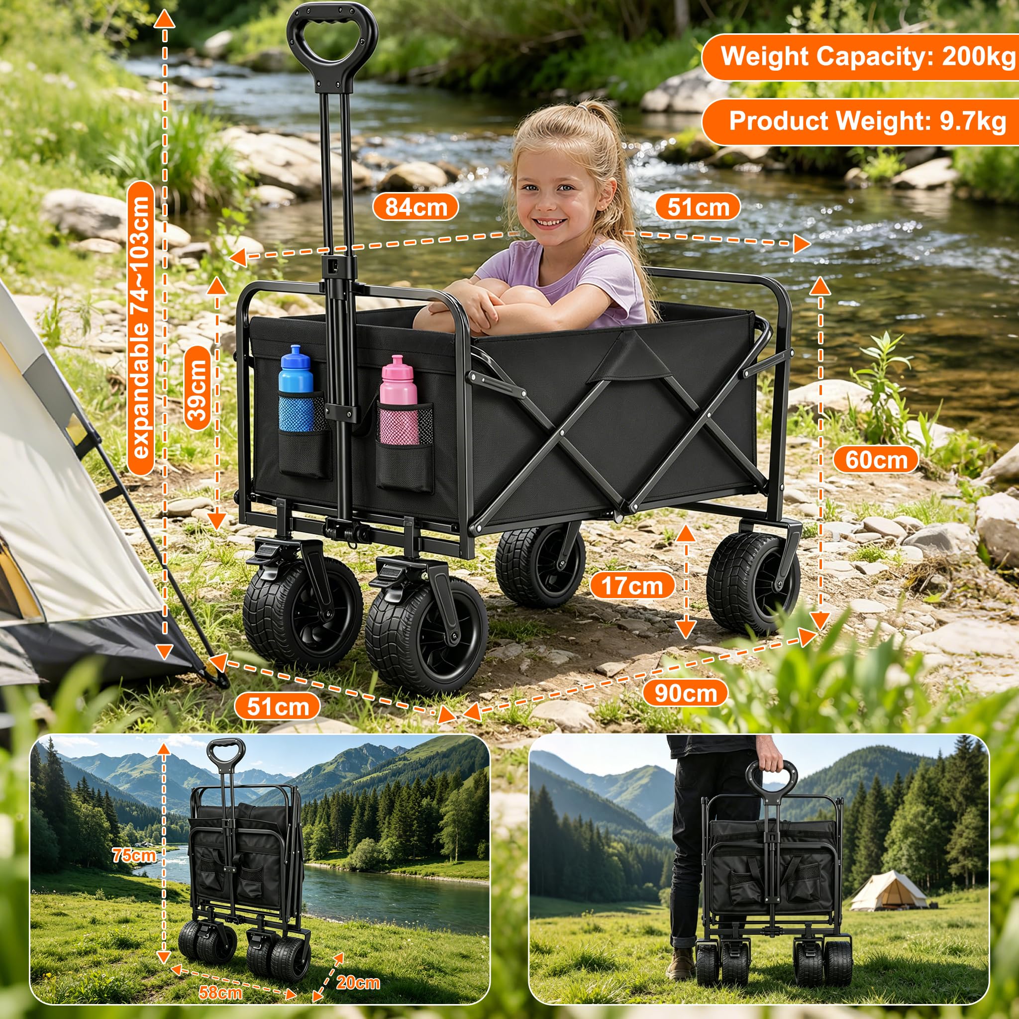 Bollerwagen Faltbar mit Bremsen 200L 200KG Belastbar, Extra Breite Reifen All Terrain Handwagen, Verstellbarer Griff & 2 Netztaschen, Faltbarer Bollerwagen Für Hunde, Einkaufen, Camping, Strand