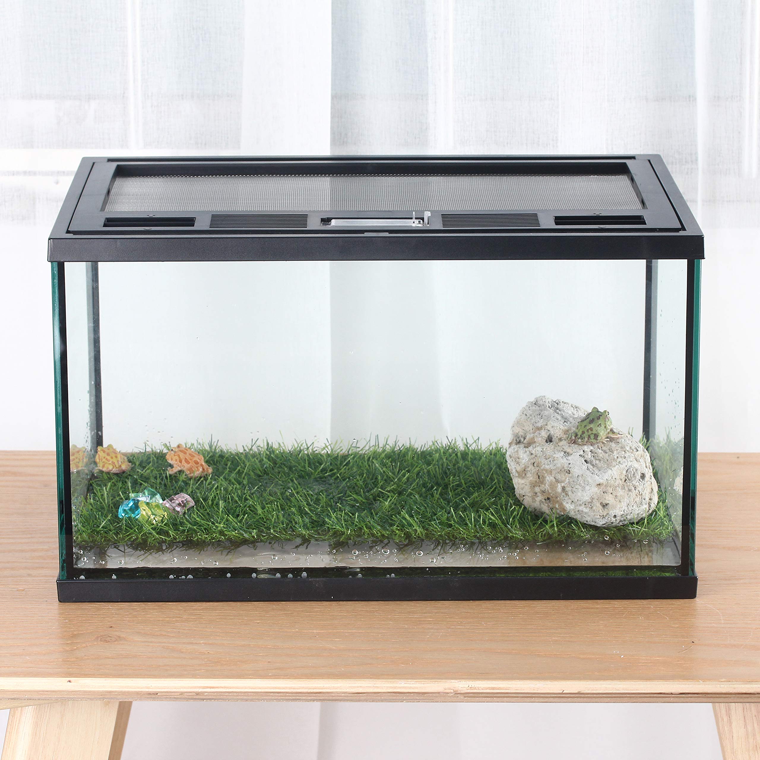 Frösche Glas-Terrarium Futterset für Reptilien, Amphibien, Insekten, Hörnerfrösche Wasserunkraut / Prairie Stil Habitat mit grünem Kunstrasenpad, natürlicher Vulkangestein