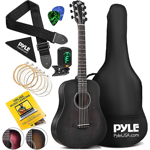 Pyle Beginner Acoustic Guitar Starter Pack 34” ½ Junior Size 6 Linden Wood Instrument w/Accessories Set, Case, Bag, Steel Strings, Nylon Strap, Tuner, Picks, Right, Black (PGA820BK)