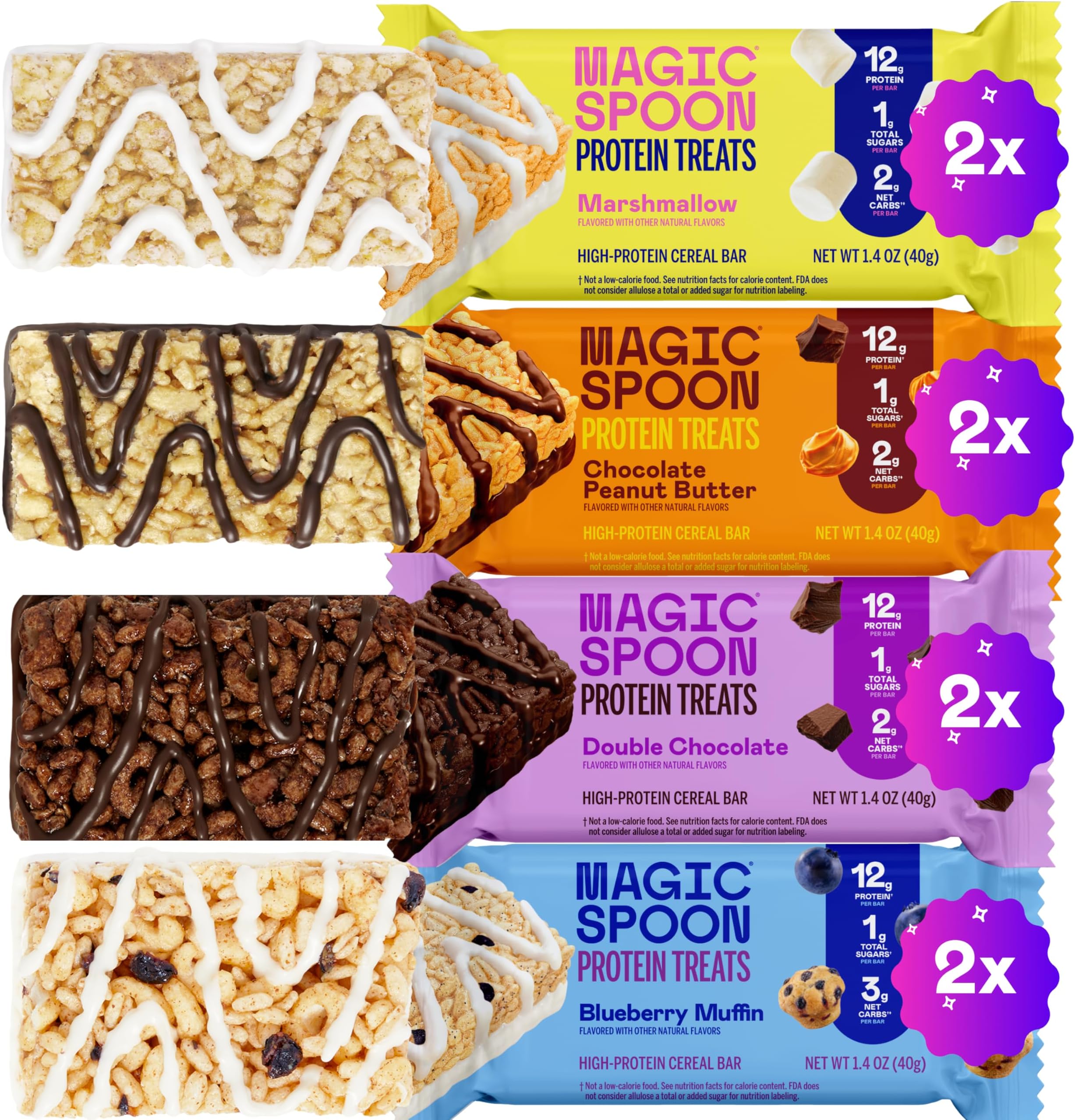 Magic Spoon Treats - 8 High Protein Bars: 2 Marshmallow, 2 Chocolate Peanut Butter, 2 Blueberry Muffin, 2 Double Chocolate - High Protein Gluten Free Snack - Sugar Free Protein Cereal Bar