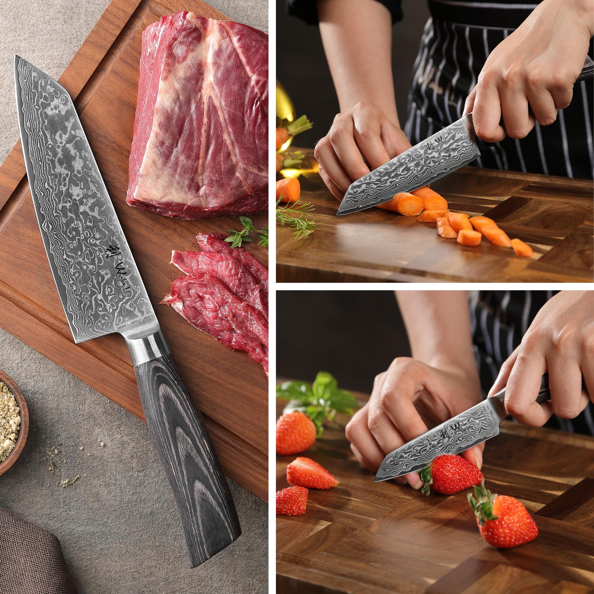 WAKOLI EDIB Pro Black Set de 3 Couteaux de Cuisine Professionnels en Damas | lames à 67 couches avec noyau VG10, manches en bois de pakka, élégant coffret cadeau en bois pour présentation et rangement