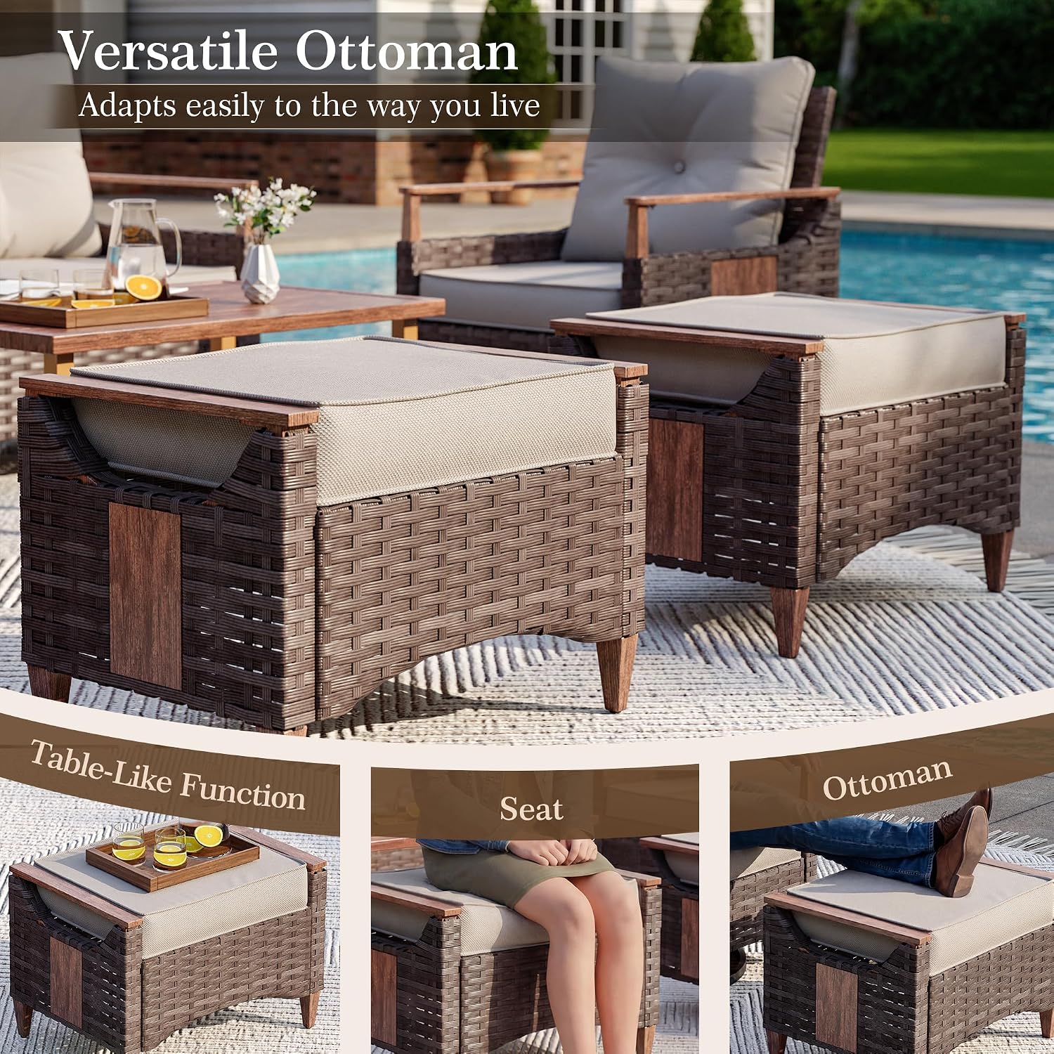 NestNook 6 Pieces Patio Furniture Set, Outdoor Conversation Set with All-Weather Handwoven PE Wicker Sofa, Rattan Chairs and Thick Cushion, Coffee Table & Ottoman for Backyard, Deck & Poolside, Beige
