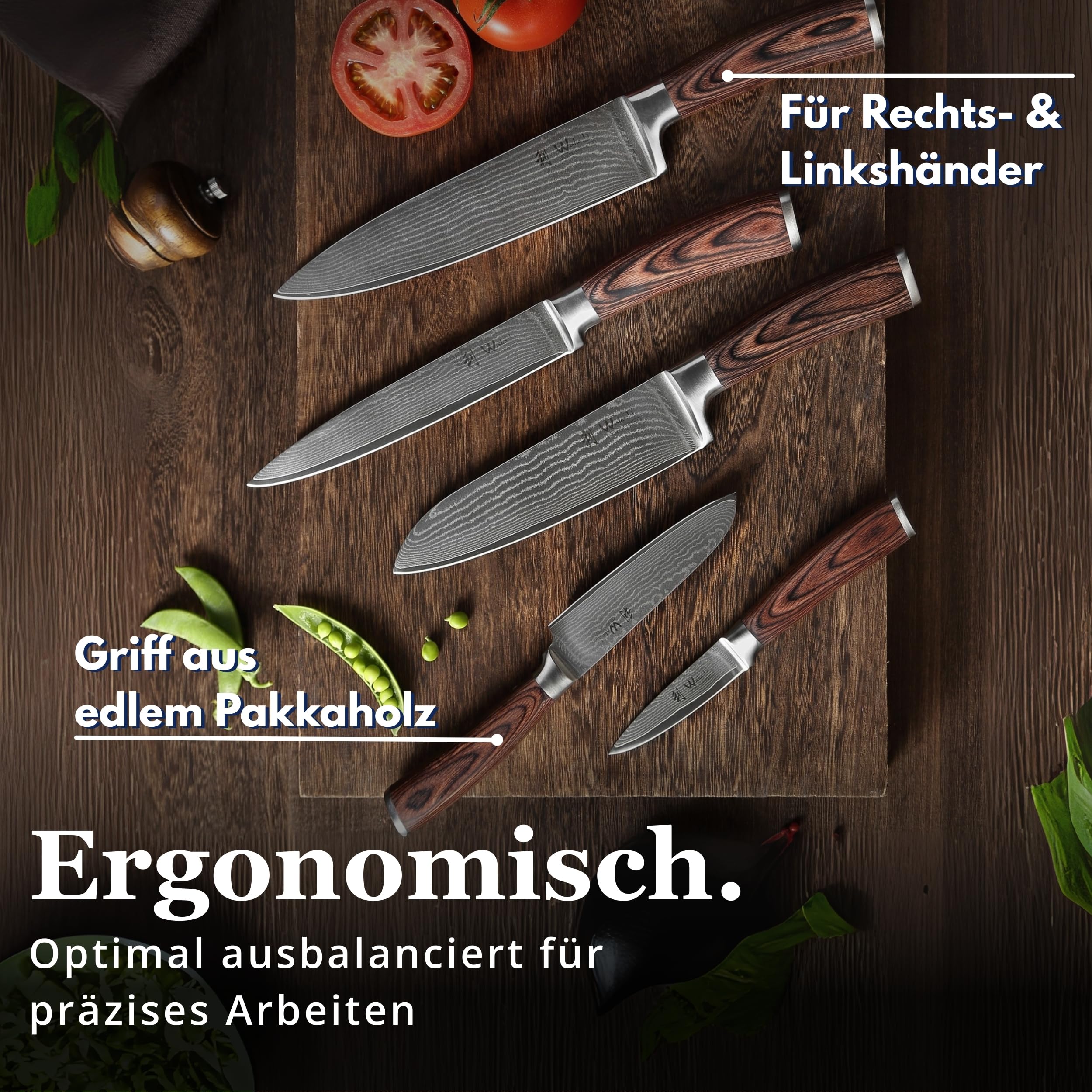 Wakoli EDIB Damastmesser Set (5-teilig) Küchenmesser Set aus 67 Lagen Damaststahl mit VG10-Kern, Pakkaholzgriffen, extrem scharfe Kochmesser, Chefmesser, Santoku, Fleischmesser, Gemüsemesser - Holzbox