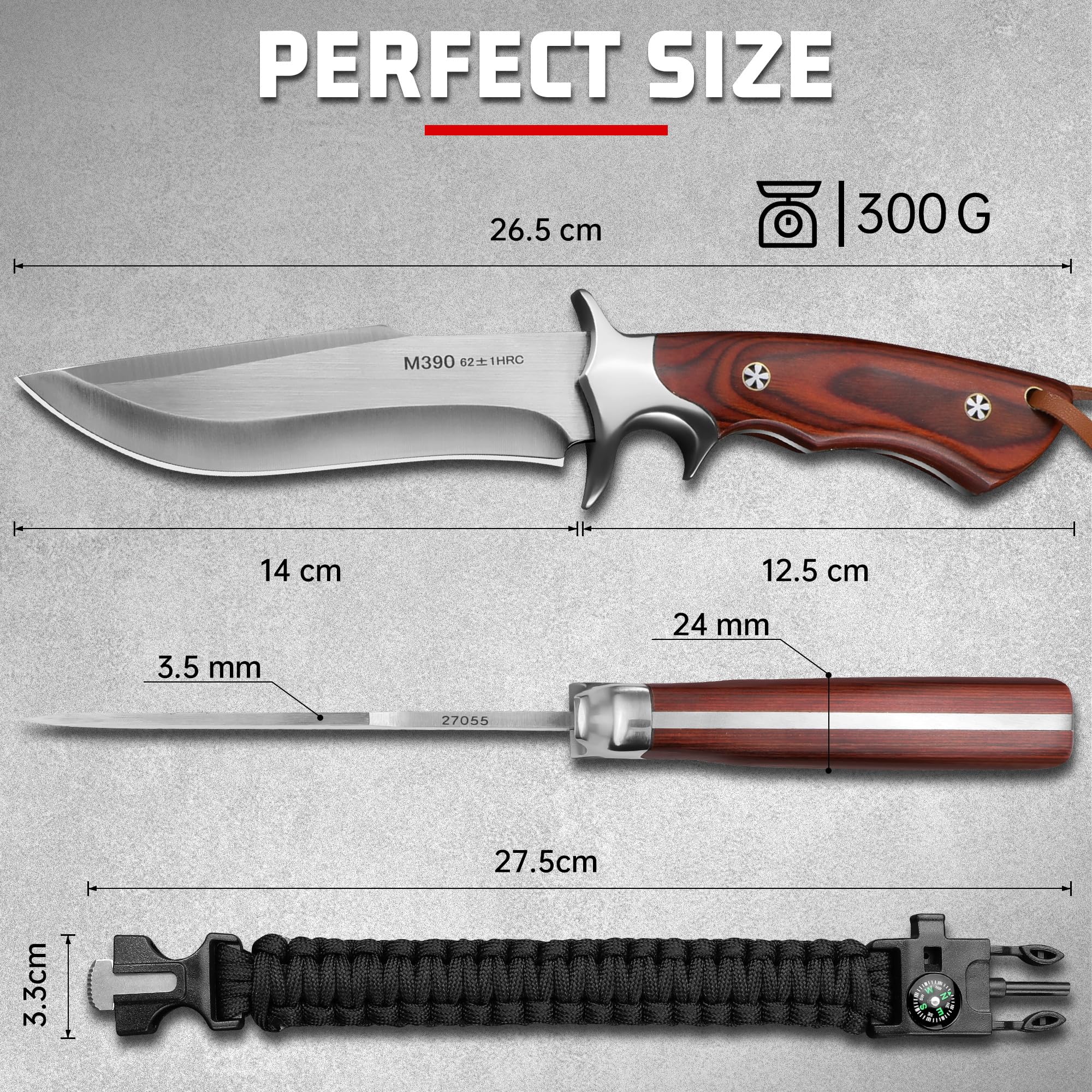 Plys Couteau de Survie Lame Fixe: Full Tang Couteau D'ExtéRieur Acier M390, Manche en Bois Avec éTui en Cuir, Dragonne en Paracorde, Cadeau Pour Homme,Adapté au Camping et à la Randonnée