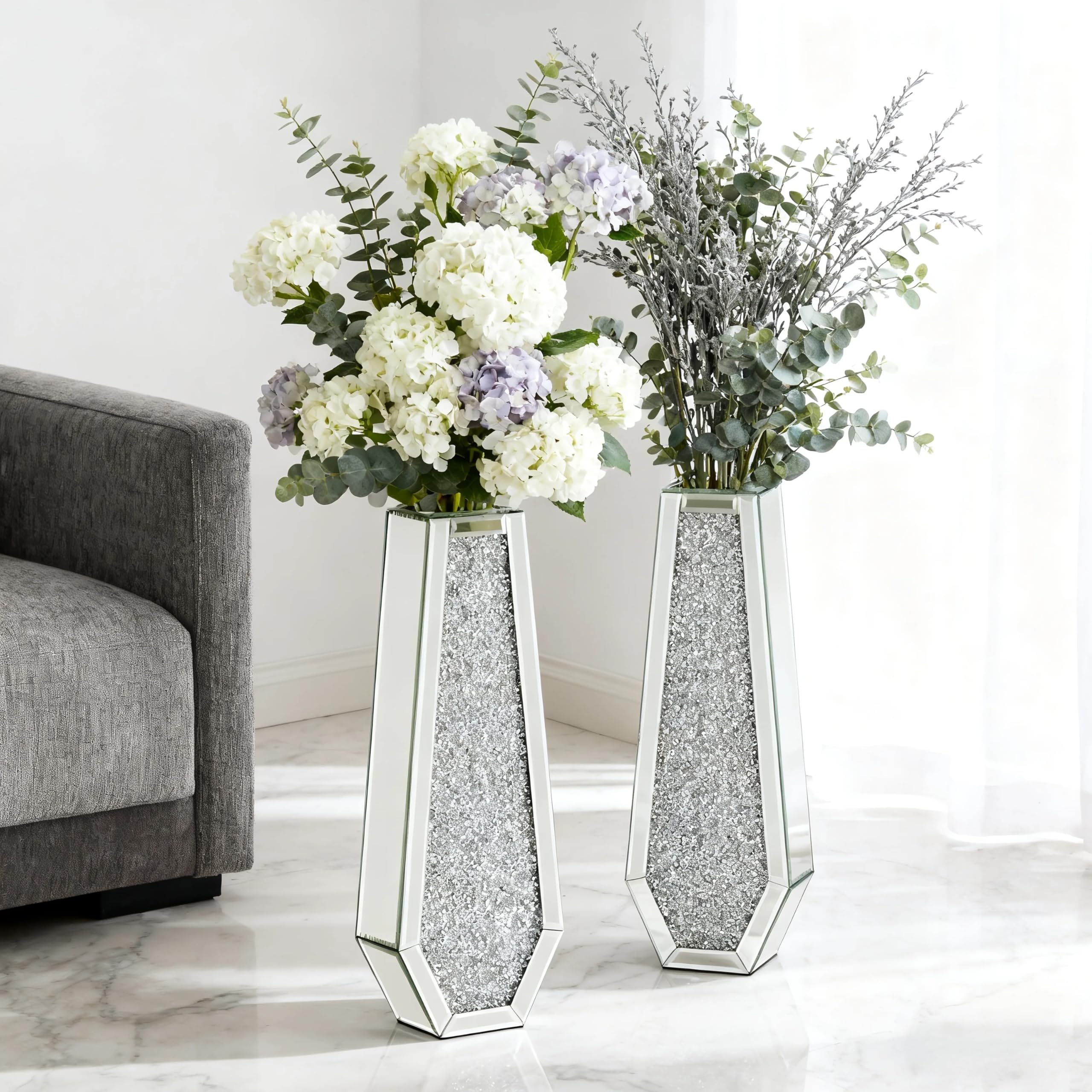 SHYFOY Jarrón alto de diamante triturado, jarrones altos de cristal plateado para decoración de suelo, jarrón de vidrio para decoración del hogar, decoración de oficina, 24 pulgadas