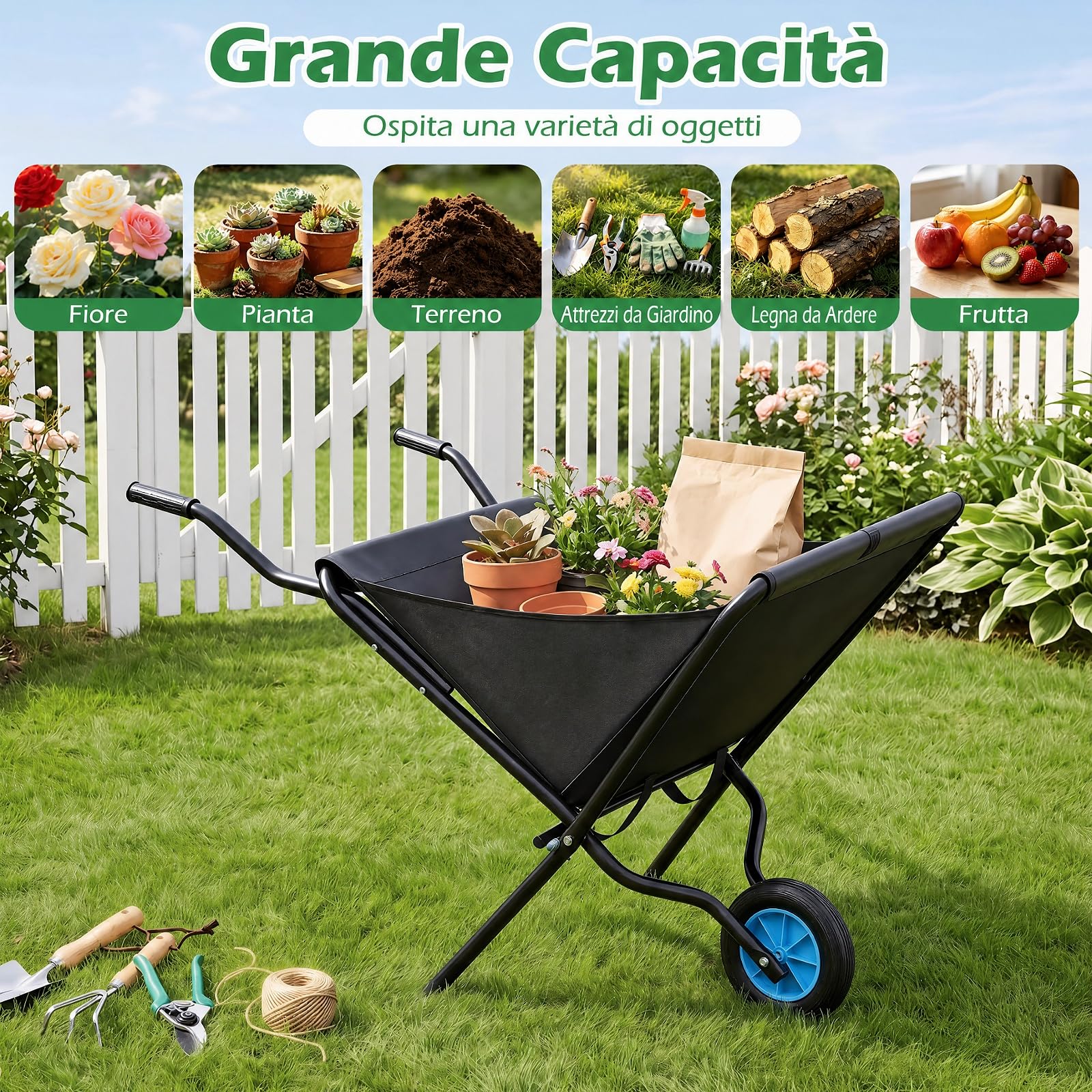COSTWAY Carriola da Giardino Pieghevole con Tasca in Tessuto Oxford