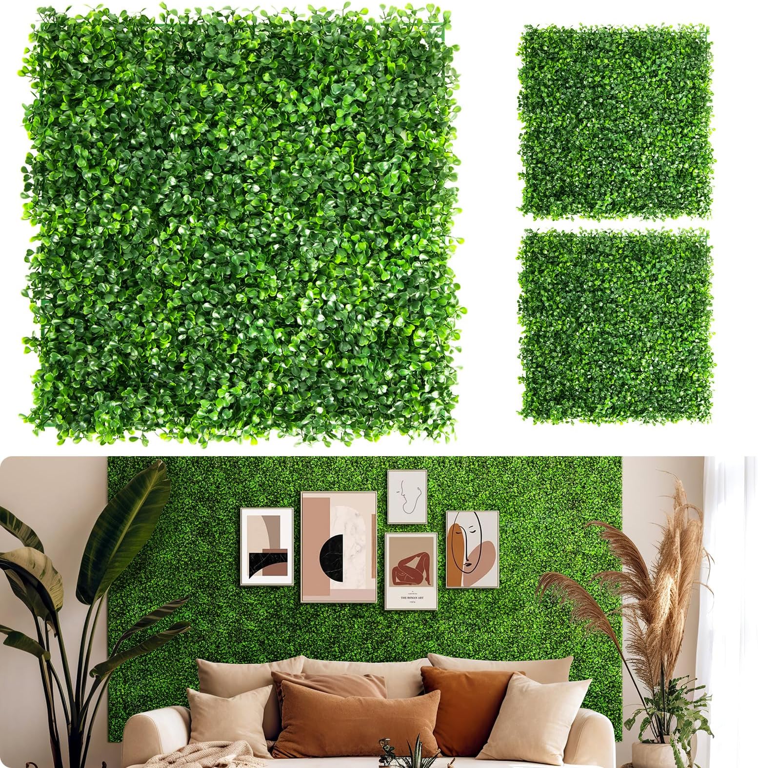 Aboofx Artificial Grass Wall Panels, 12 Pack 10 x 10 inch Boxwood Panels Hedge with 100 Zip Ties, Boxwood Hedge Wall Panels for Garden Yard Fence Covering Privacy, Greenery Wall Background Decoration