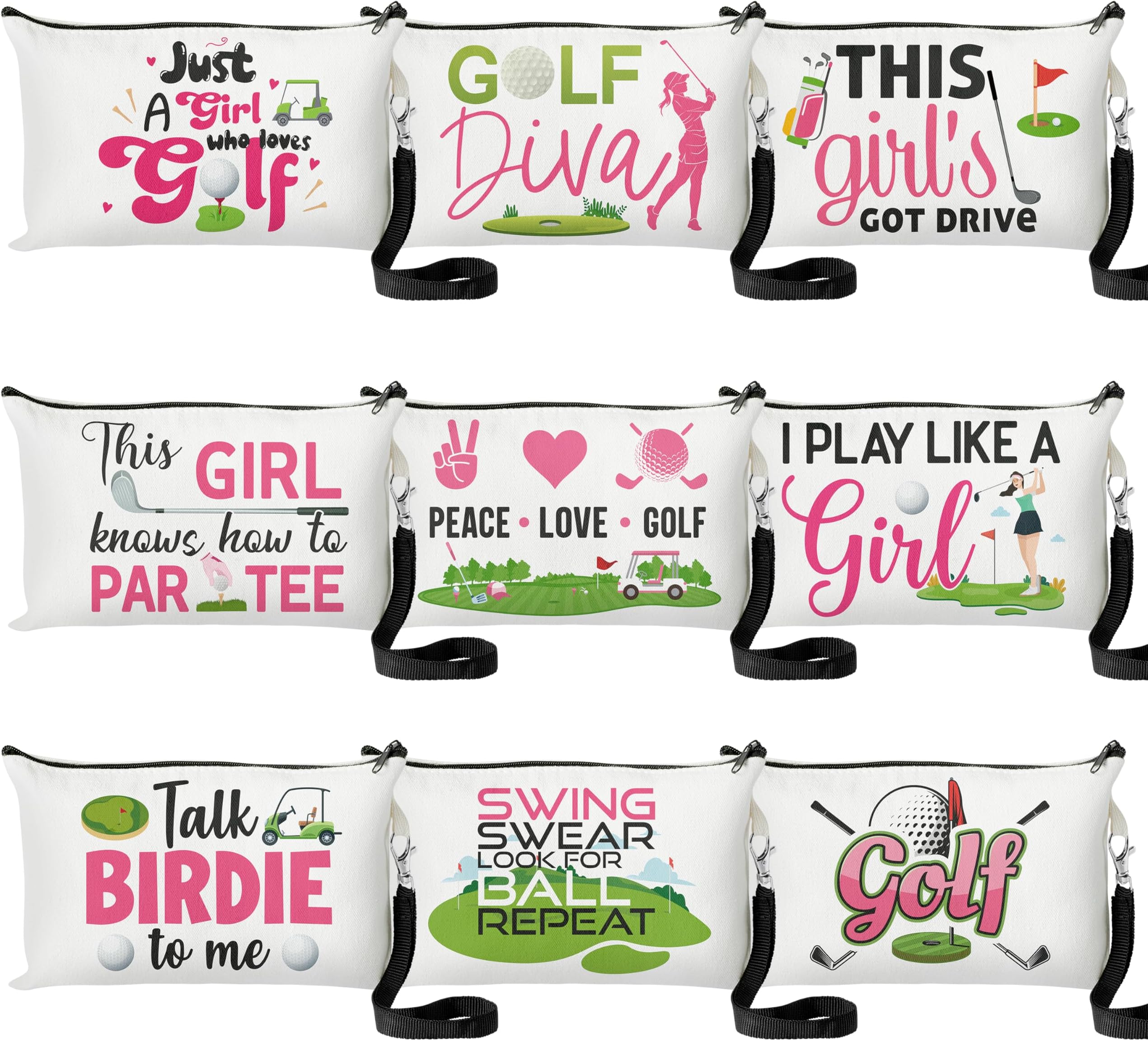 R HORSE 9Pcs Golf Makeup Bag Inspirational Gifts for Women Girls, Ladies Canvas Cosmetic Toiletry Pouch Bag Accessories Christmas Birthday Gifts for Golf Player Lover Fan