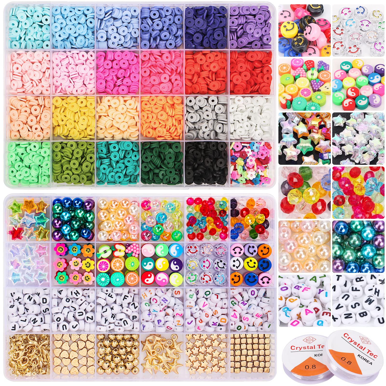 YFKJEU 7200pcs Clay Beads Bracelet Making Kit, 24 Colors Clay Beads Kits with Smiley Face Beads, Letter Beads, 6mm Clay Beads for Jewellery Bracelets Necklace Making for Girls Adults, 2 Boxes