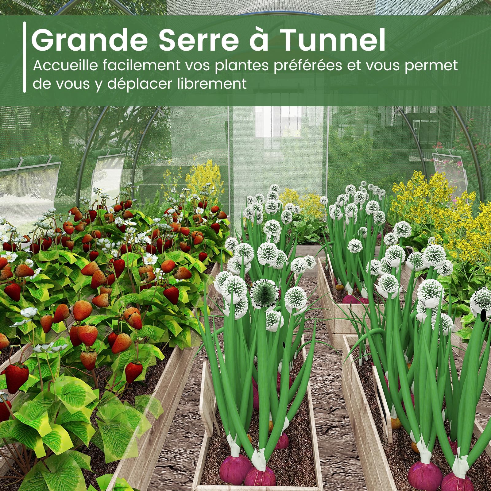 RELAX4LIFE Serre de Jardin 12m², Serre Tunnel de Jardin 4x3x2M avec Cadre en Acier Galvanisé, 2 Portes et 8 Fenêtres Enroulables, Housse PE pour Légumes, Fruits, Fleurs, Idéale pour Toutes Saisons