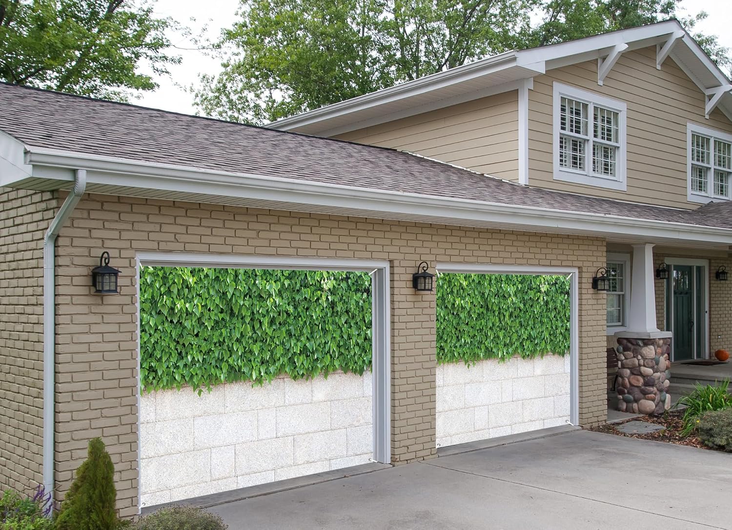 DORCEV 7x8ft Green Plants Garage Door Decor Green Vine Leaves White Brick Wall Spring Nature Scenery Garage Door Decor for Minimalist Art Wall Decoration Background