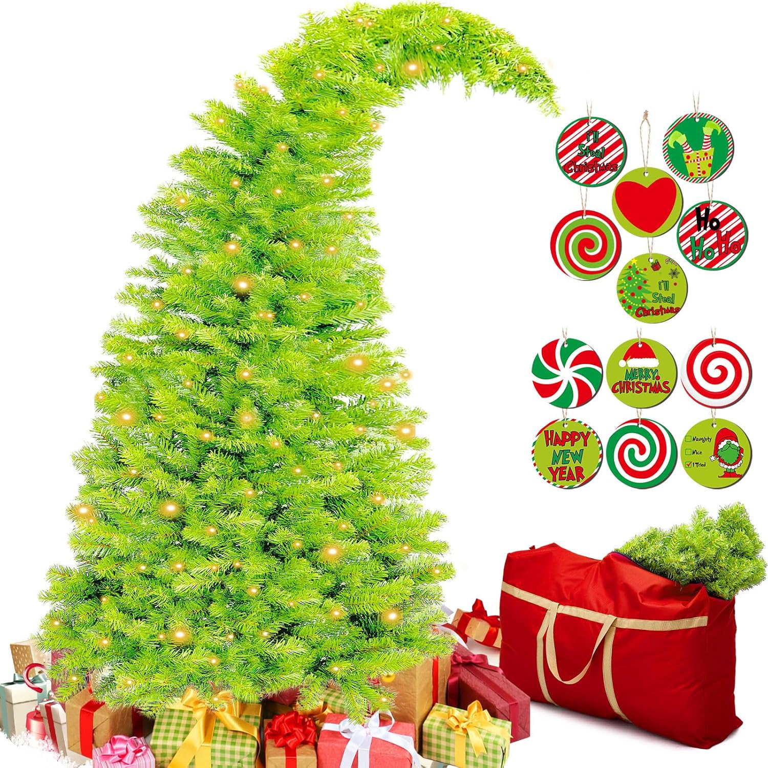 Syhood 6ft Bendable Christmas Tree Whimsical Christmas Tree Grin Has Christmas Tree Pre-Lit Lime Green Christmas Tree Stole Christmas Tree Bent Top Xmas Tree with Ornament Storage Bag, Light Green