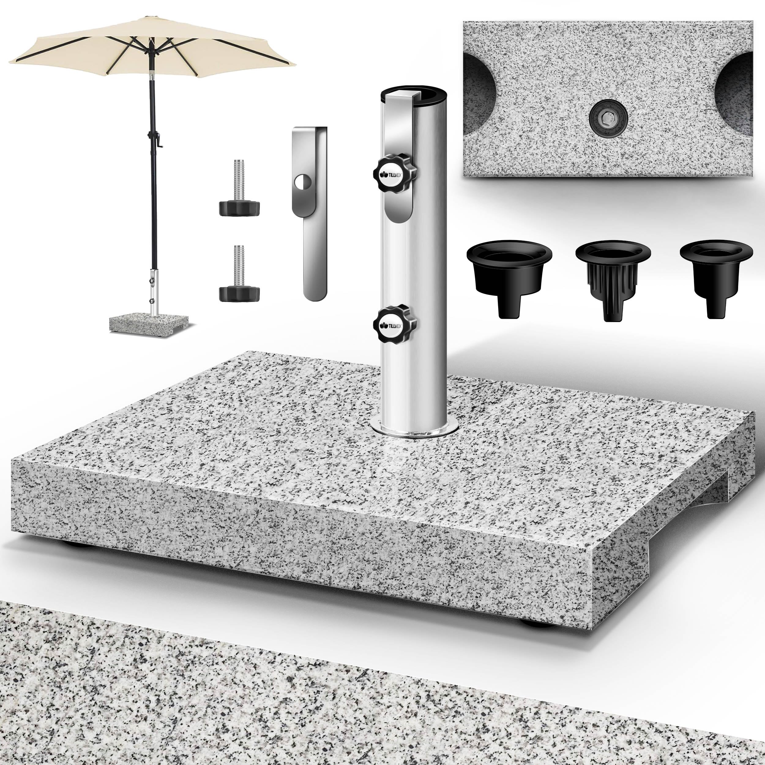 tillvex® Base per Ombrellone da Giardino in Granito, Rettangolare - 25 kg, con Tubo in Acciaio Inox, Supporto per ombrellone da Balcone da 16 a 48 mm e 300 cm di Diametro + Maniglia per Il Trasporto