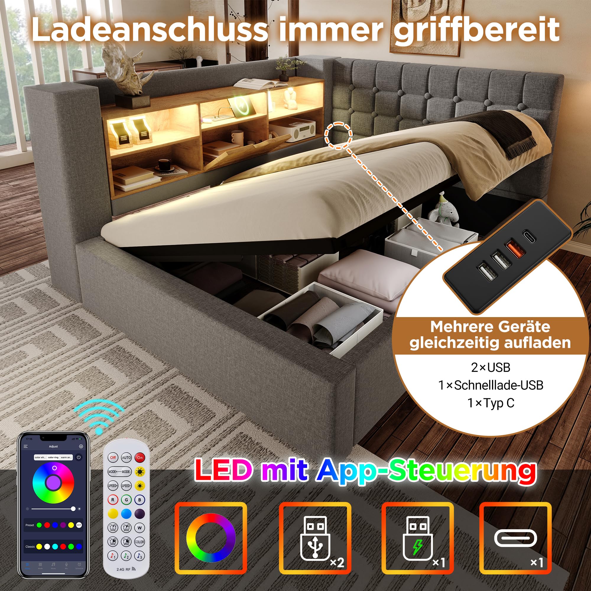 Gecheer Lit gigogne ABMB469789G 140x200cm, 7 Zones, USB, Anti-allergène, 280kg