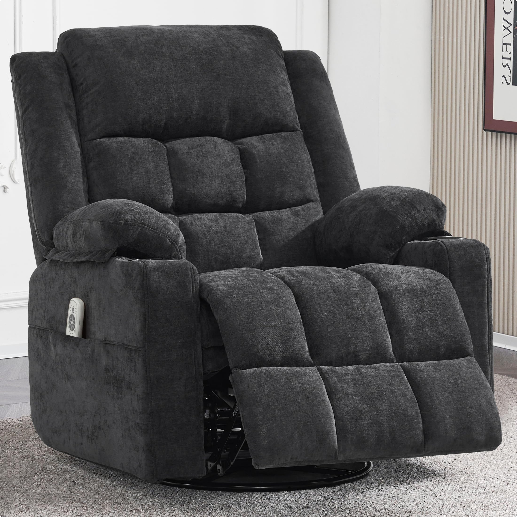 Ketaiyou Power Swivel Rocker Recliner Chair for Adults with Massage and Heat, USB and Type-C Ports, Infinite Position, Electric Glider Reclining Single Sofa Chair for Living Room(Black)