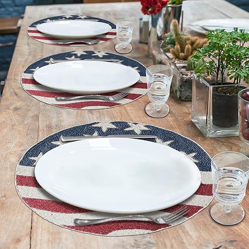Miniatura 4 de Decozen Manteles individuales patrióticos con cuentas, juego de 8 a 14 pulgadas, 4 de julio, bandera estadounidense, libertad, estrellas,