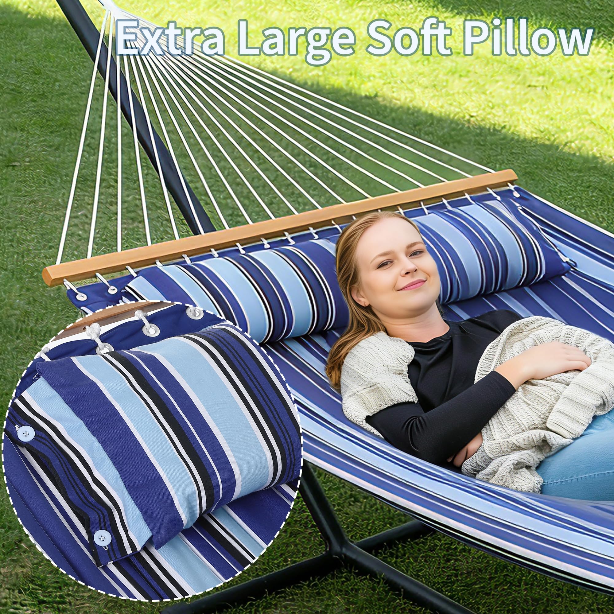 Amaca doppia extra larga con supporto in metallo robusto – Capacità 450-475 kg – Tessuto blu, cuscino morbido e borsa trasporto – Per giardino, patio e interno/esterno – Variante: extra larga