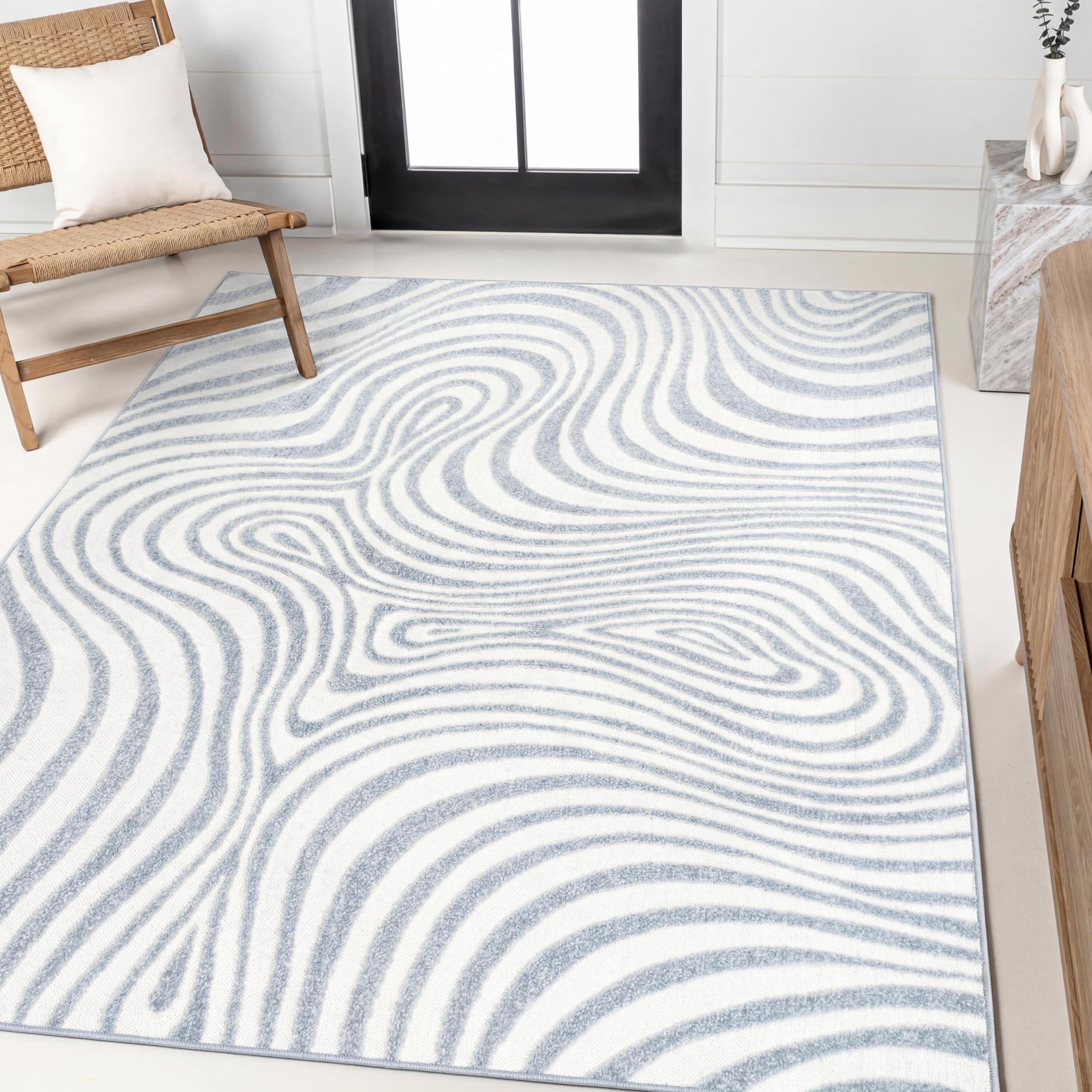 JONATHAN Y Maribo High-Low Abstract Striped Indoor/Outdoor Area Rug 4x6, Light Blue/Ivory, Contemporary, Vintage, Bohemian, Glam, Bedroom, Kitchen,