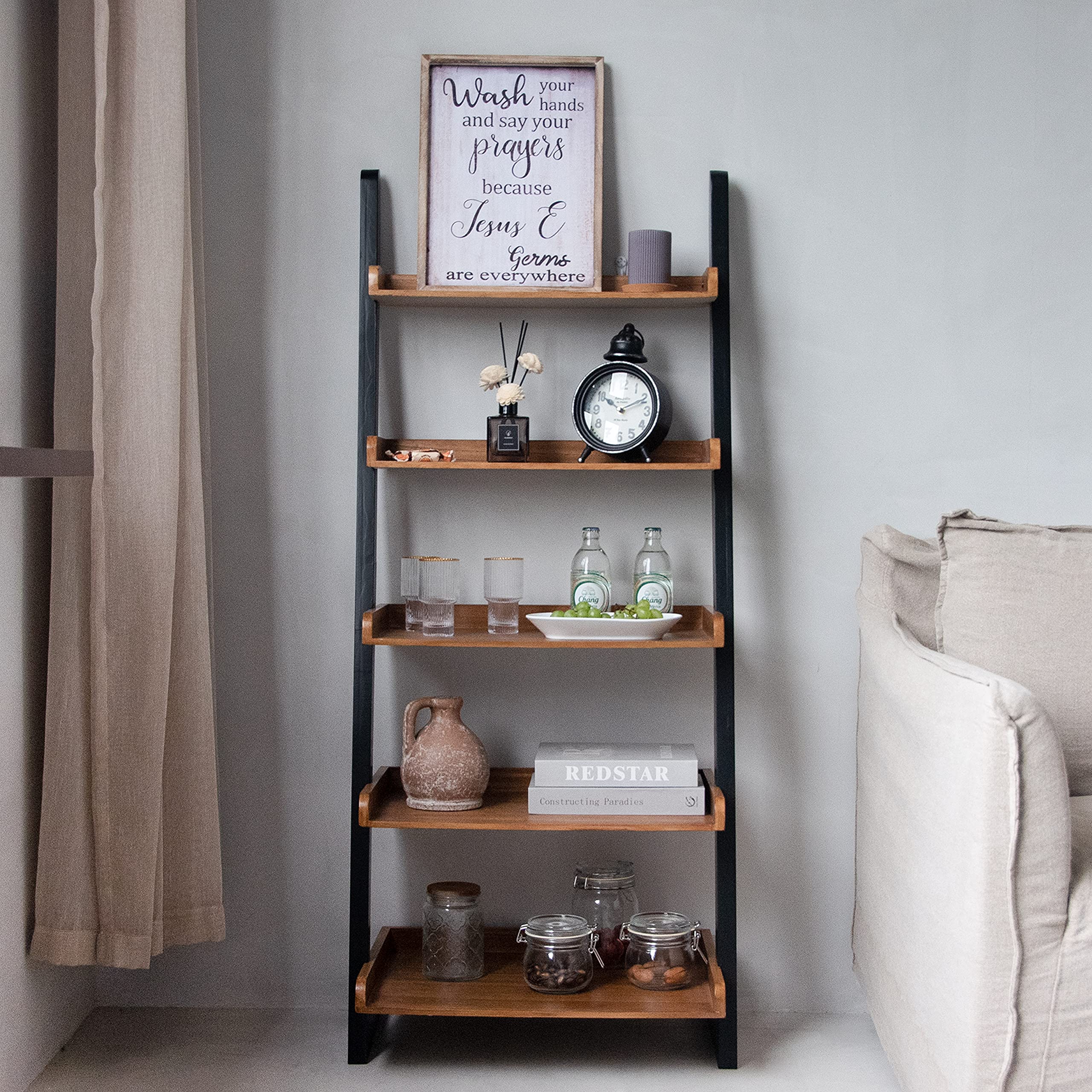 Buy COZAYH Rustic Ladder Shelf, 5Tier Leaning Bookcase, Rack Storage