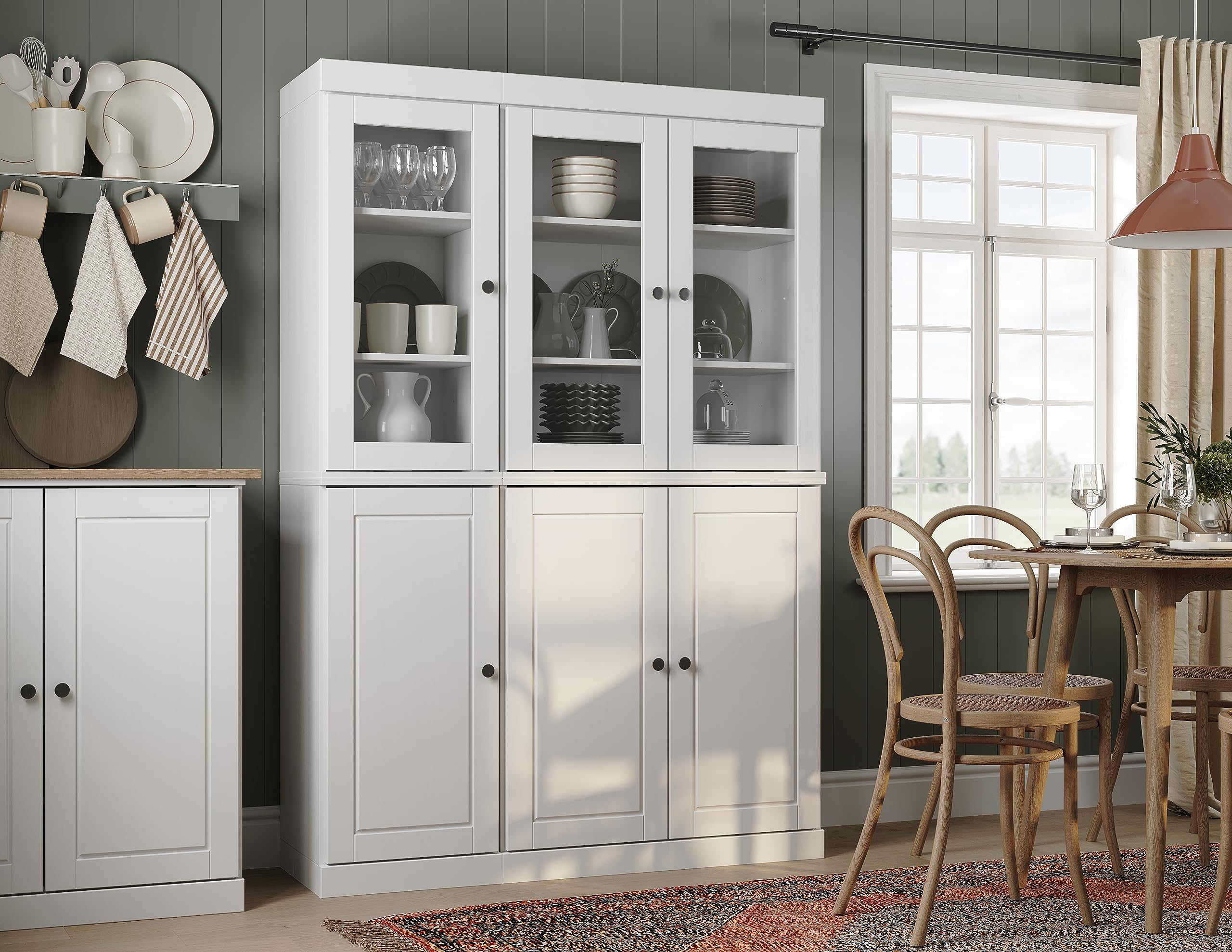 Palace Imports Solid Wood Kitchen Pantry, Glass & Wood Doors, White, 48.5" w, Eco-Friendly, Made in Brazil