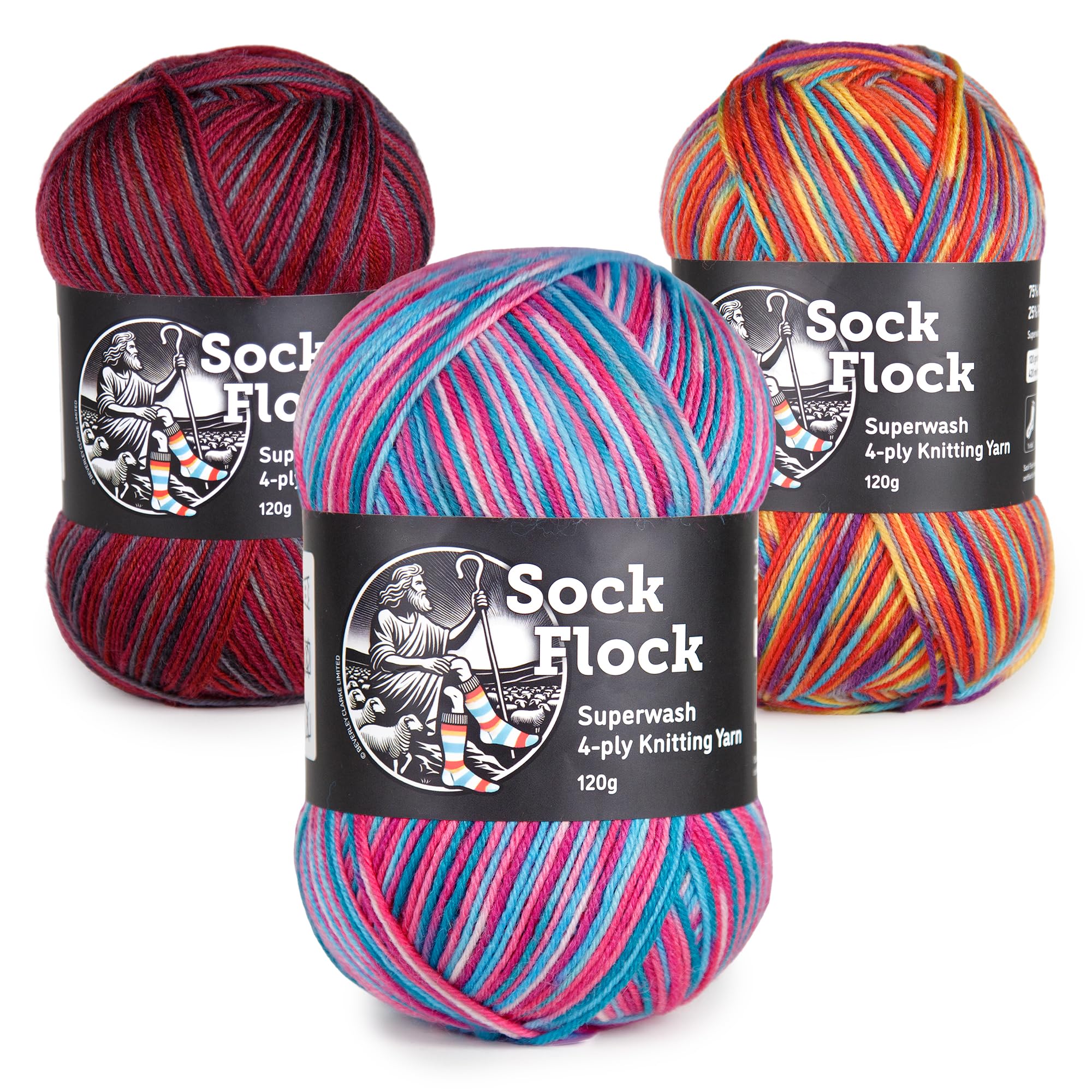 Sock Flock 4-ply Sock Yarn 3-Ball Multipack, New Zealand Wool 75% / Polyamide 25%, Machine Washable, 3 x 120g (360g Total) - Sakura Spring/Roasted Fig/Rainbow Reef