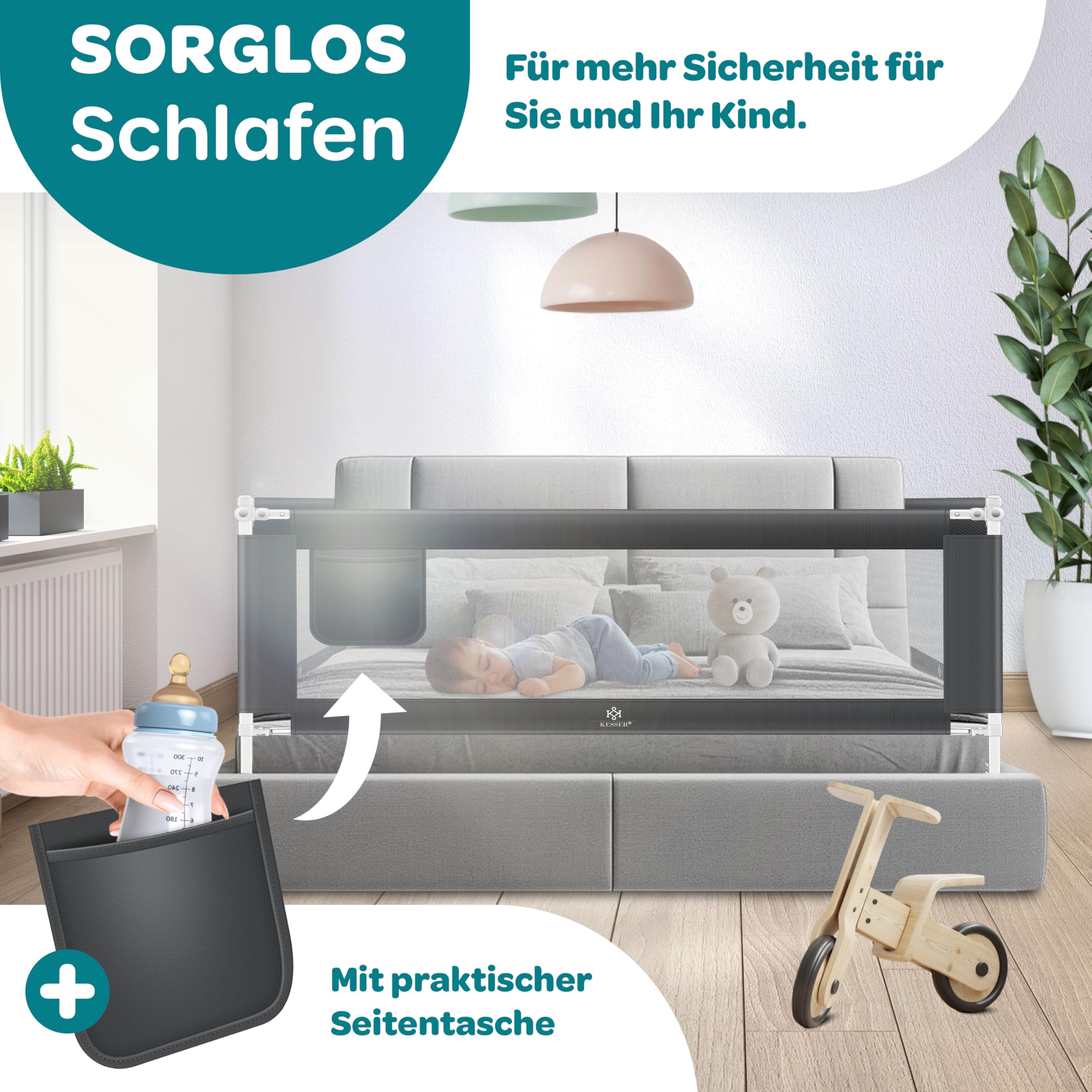 KESSER® Bettschutzgitter 200 cm, Rausfallschutz Bett & Bettgitter Kinderbett, klapp- & höhenverstellbar, Kindersicherung Baby Fallschutz, Mesh Netz, Kinderbett Schutzgitter + Tasche, Dunkelgrau