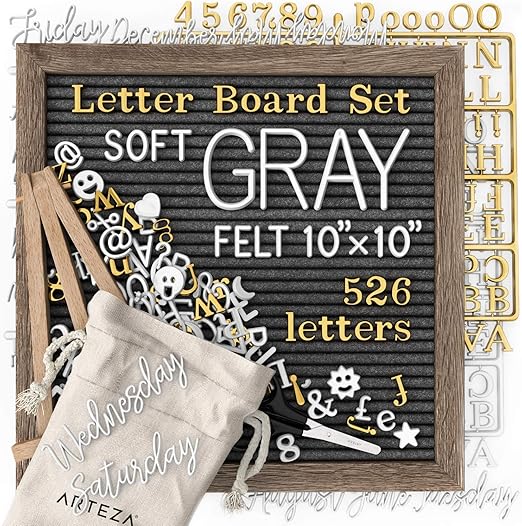 Arteza Gray Felt Letter Board Set, 10x10 Inches, With 526 Changeable Letters, 164 Symbols, 33 Cursive Words, Wooden Stand, Scissors & Storage Bag, Message Board for Signs, Decor & Menus