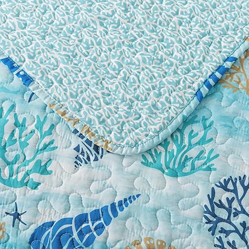 Vista 141 de NEWLAKE Juego de colcha de algodón, juego de colcha reversible de retazos, estampado real clásico turquesa, tamaño Queen Turquesa Clásico