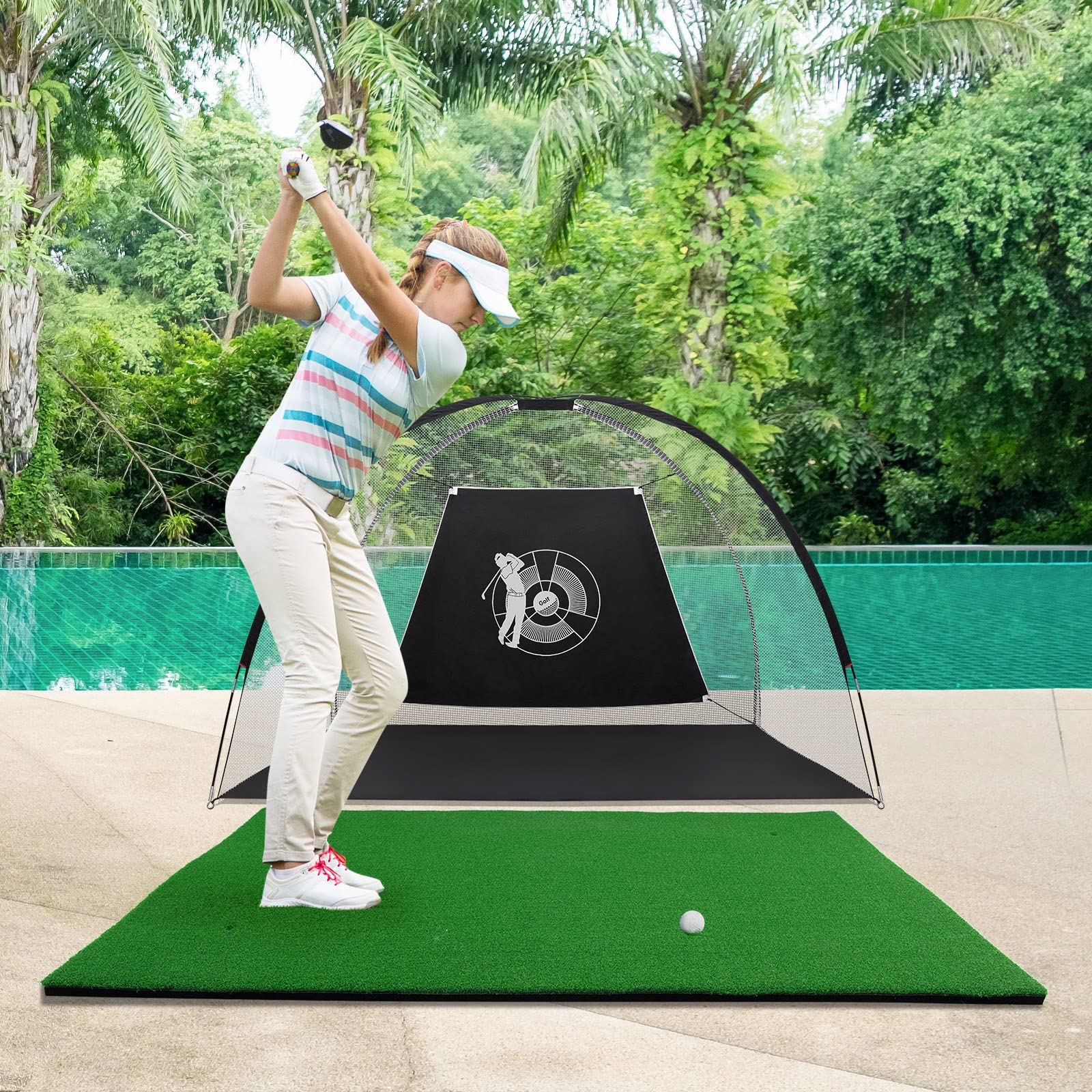 COSTWAY 150 x 100cm Golf Abschlagmatte, Golf Übungsmatte inkl. 3 Gummi-Tees, Golfmatte mit 2 Abschlagpositionen, für Indoor und Outdoor