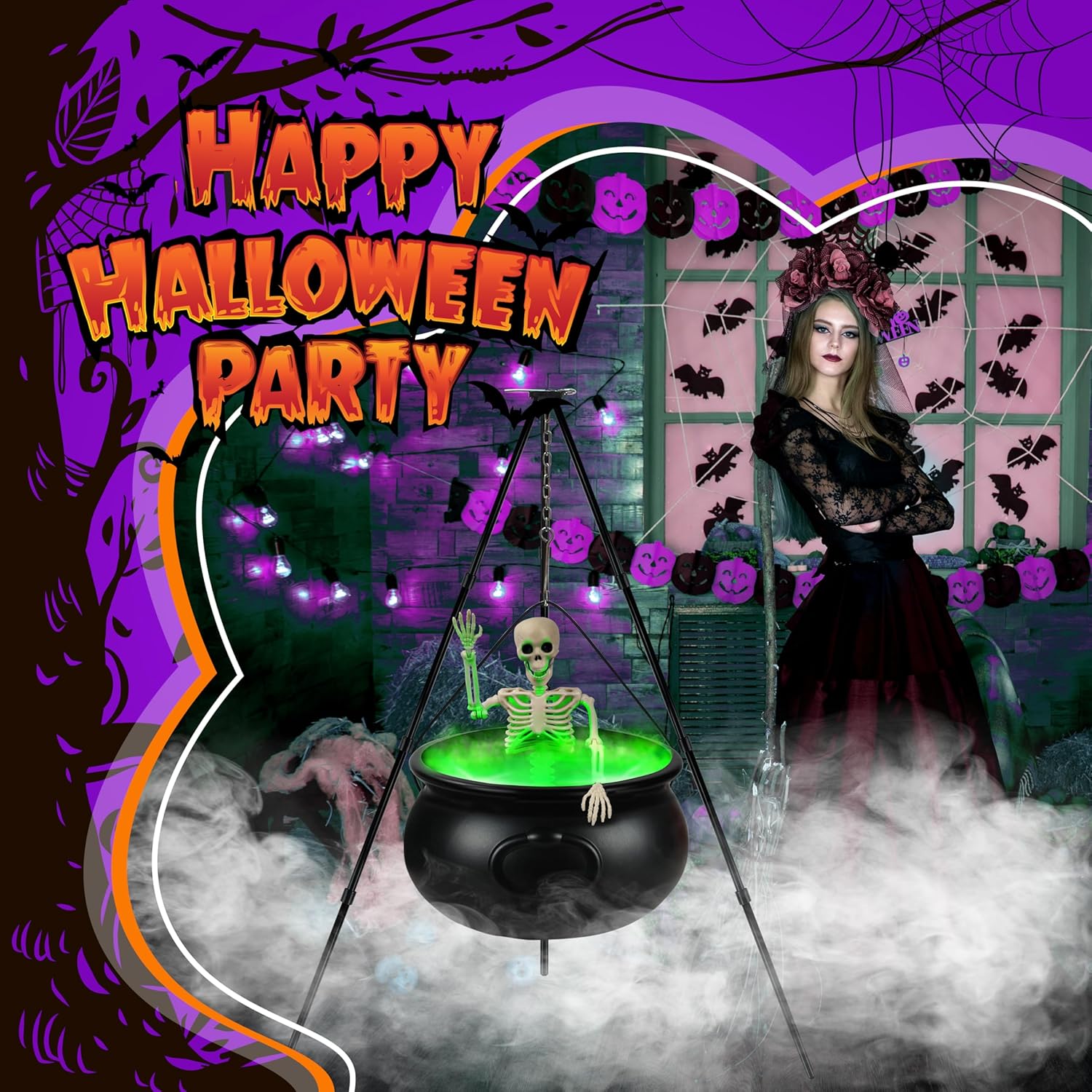 Halloween Decorations Outdoor, 12.6” Large Witches Cauldron Kettle on Tripod with Skeleton, LED Lights, Black Plastic Cauldron Candy Bowl Bucket Decoration for Yard Home Porch Outside Decor
