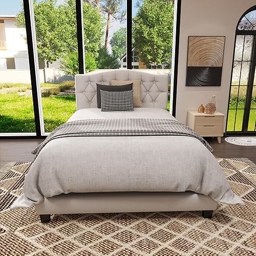 LUSPAZ Full Size Upholstered Platform Bed with Saddle Curved Headboard and Diamond Tufted Details, Contemporary Design Upholstered Bed Frame, Perfect for Apartments, Bedrooms, Guest Rooms, White