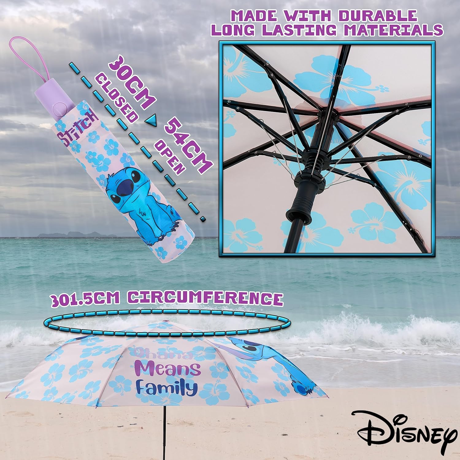 Disney Stitch Automatic Umbrella for Kids Teens Adults, Folding Telescopic Umbrella Lightweight Travel School, Gifts for Kids (Purple Stitch) - Image 3