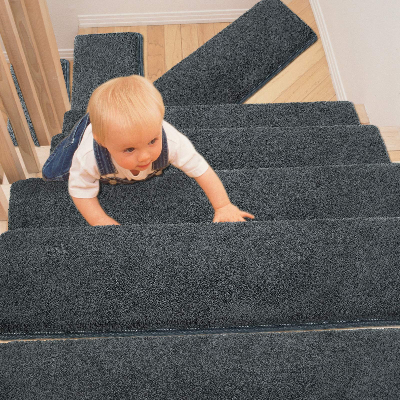 PURE ERA Carpet Stair Treads Ultra Plush Soft Bullnose Indoor Stair Protectors Pet Friendly Non-Slip Skid Resistant Tape Free Washable Reusable (14 Pieces, Dark Gray)