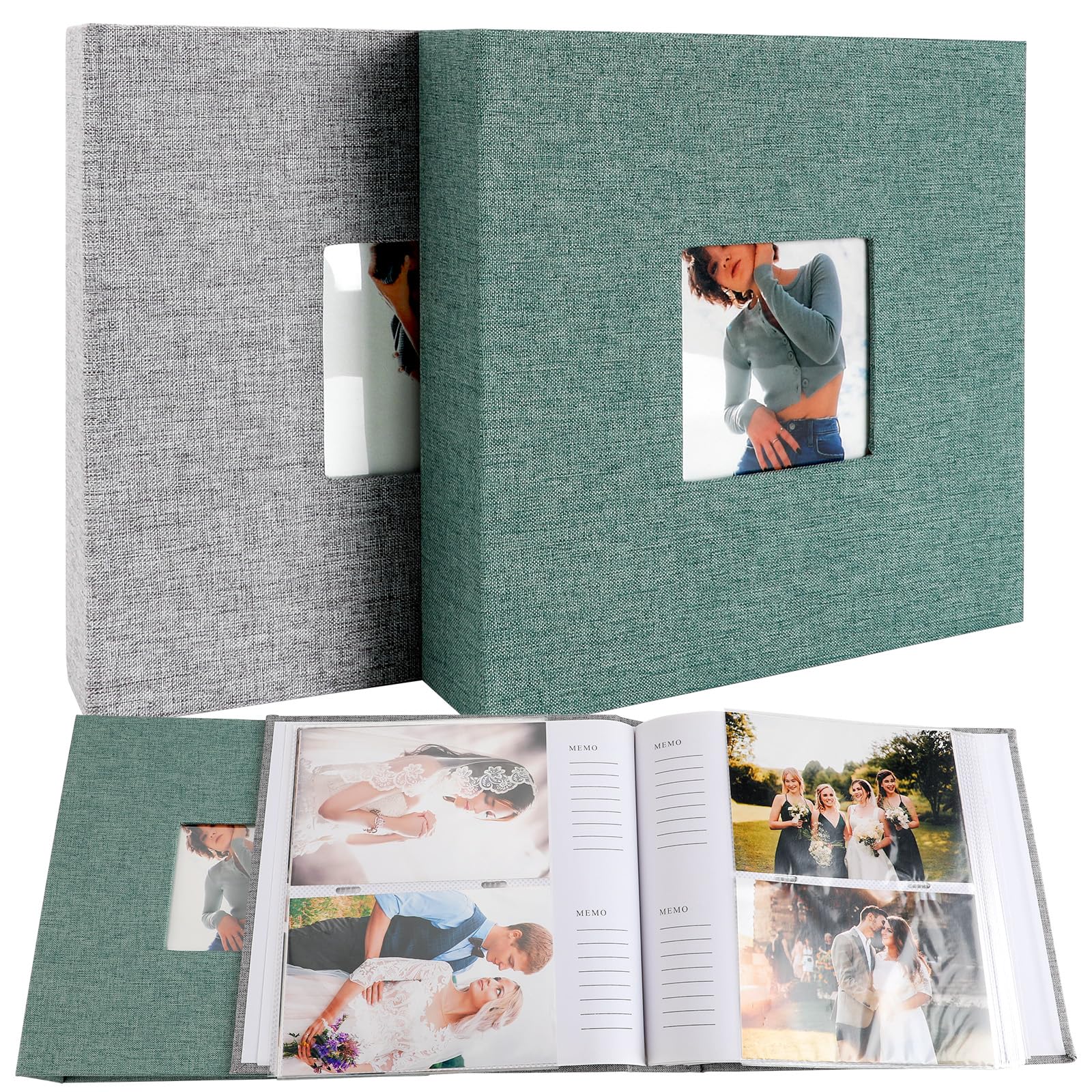 [2 Pack] Cokiyaya Photo Album, For 4×6, 3.5×5, 3×4, With 200 Pockets, Self Adhesive Inner Pages, Linen Cover, For Family Wedding Anniversary (Gray,Green)