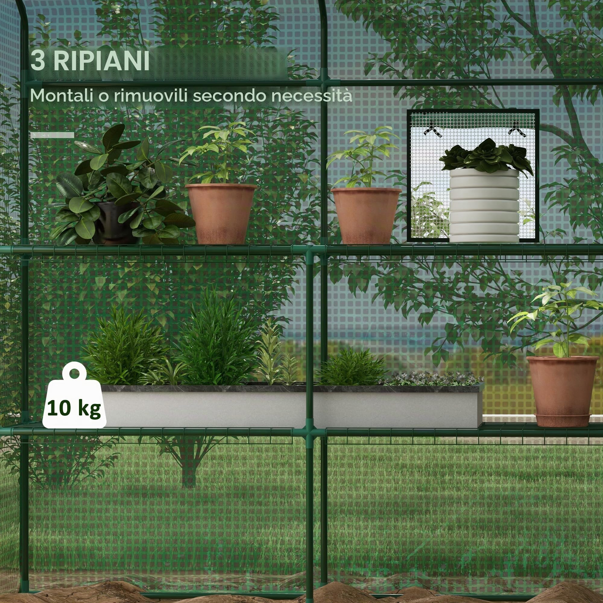 Outsunny Serra da giardino in PE con ripiani a 3 livelli, serra da balcone, telone rinforzato 135 g/m², telaio in acciaio, porta arrotolabile, per verdure, piante, fiori