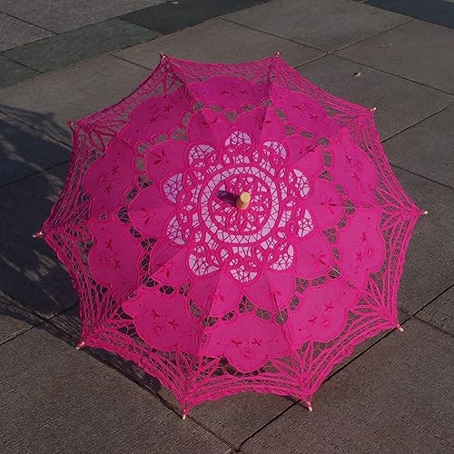 Miniatura 3 de AEAOA Sombrilla de encaje para boda, algodón, a la moda, con mango de madera, para decoración de fotos, disfraz de mujer, talla adulta (rosa intenso)