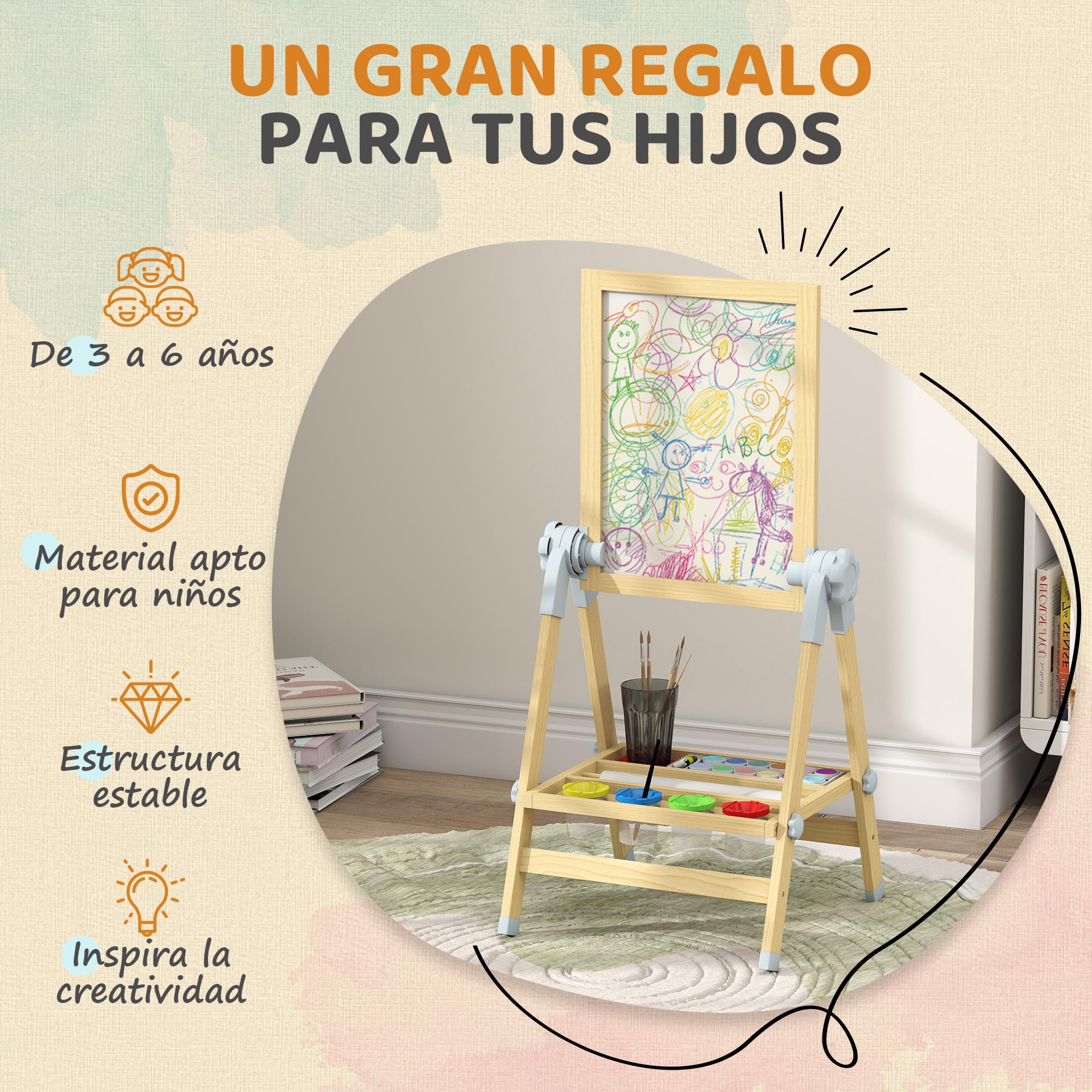 AIYAPLAY Pizarra Infantil Caballete, Altura y Ángulo Ajustable, Caballete de Madera de Doble Cara, Pizarra Blanca Magnética y de Tiza, Rollo de Papel y Bandeja, para Niños 3-6 Años, 48,5x46,5x70-97 cm