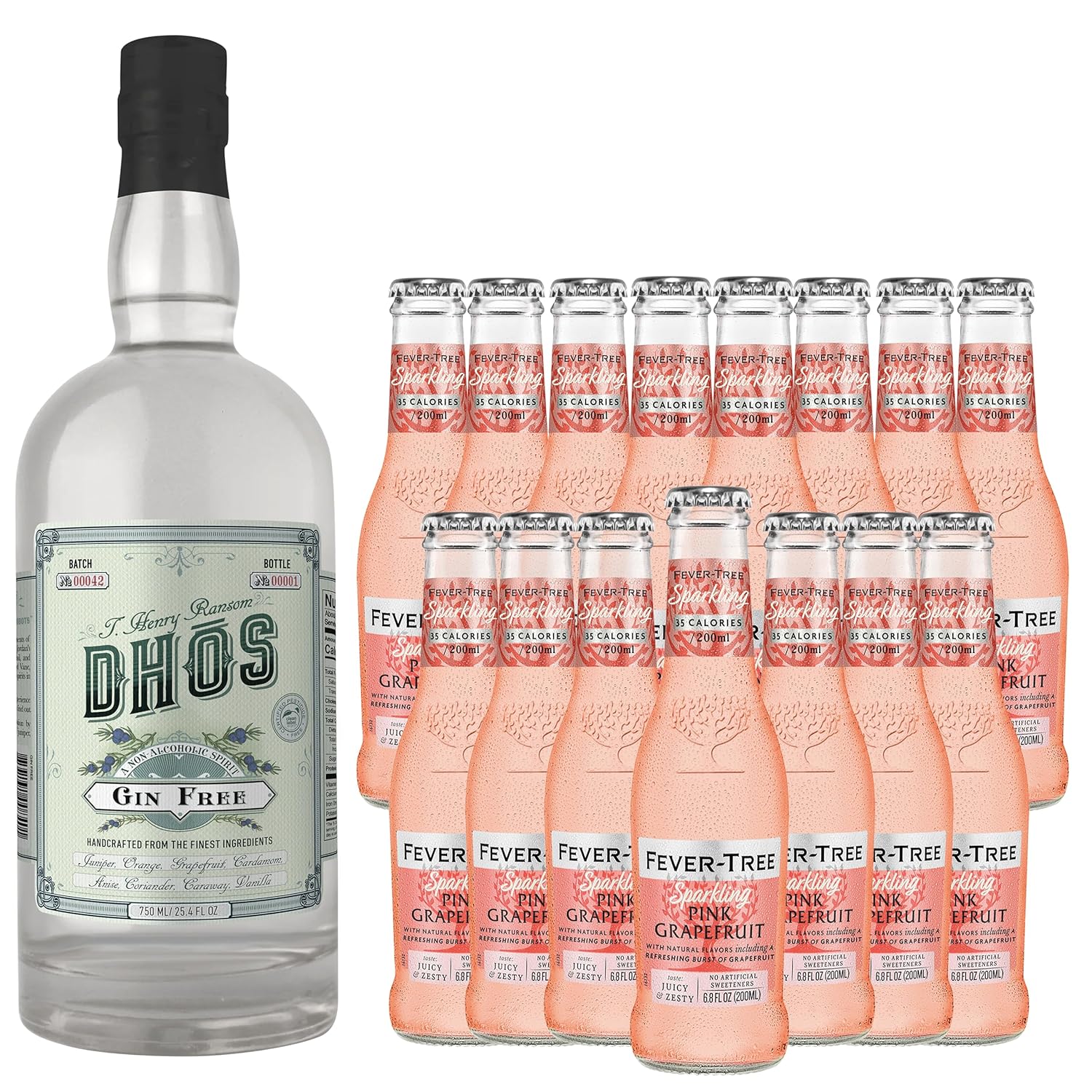Dhos Handcrafted Non-Alcoholic Gin w 15 Pack Fever Tree Sparkling Pink Grapefruit- Keto-Friendly, Zero Sugar, Zero Calories, Zero Proof - 750 ML - Perfect for Mocktails - Made in USA