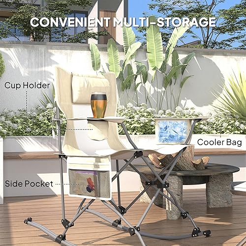Miniatura 7 de Outsunny Sillas mecedoras plegables para adultos, mecedoras portátiles para exteriores con reposacabezas, bolsa refrigeradora, soporte para tazas,