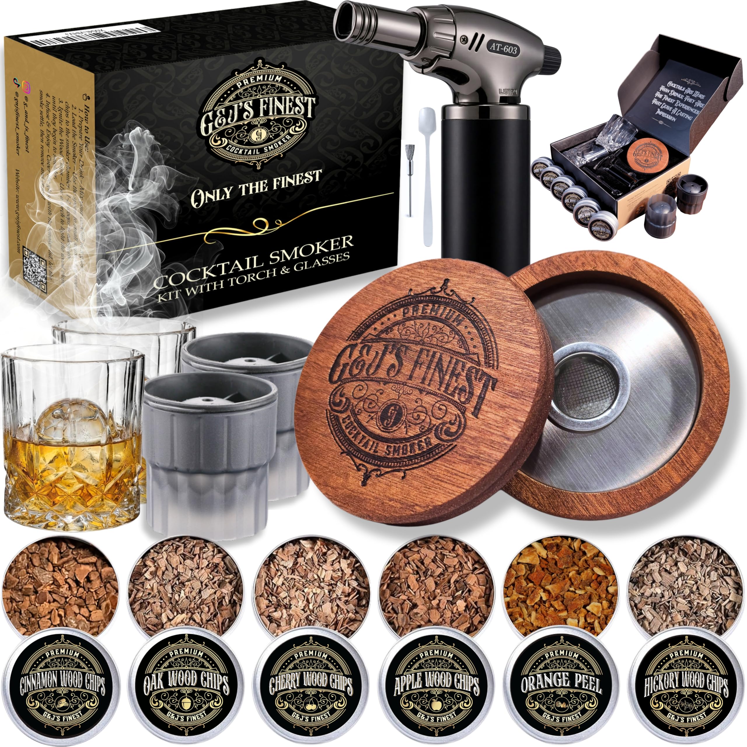 Whiskey & Whisky Smoker Kit β Cocktail, Old Fashioned & Drink Infuser with Torch, 2 Glasses, 2 Ice Molds, 6 Wood Chips, Scorch Shield & Gift Box for Men by G&J's Finest
