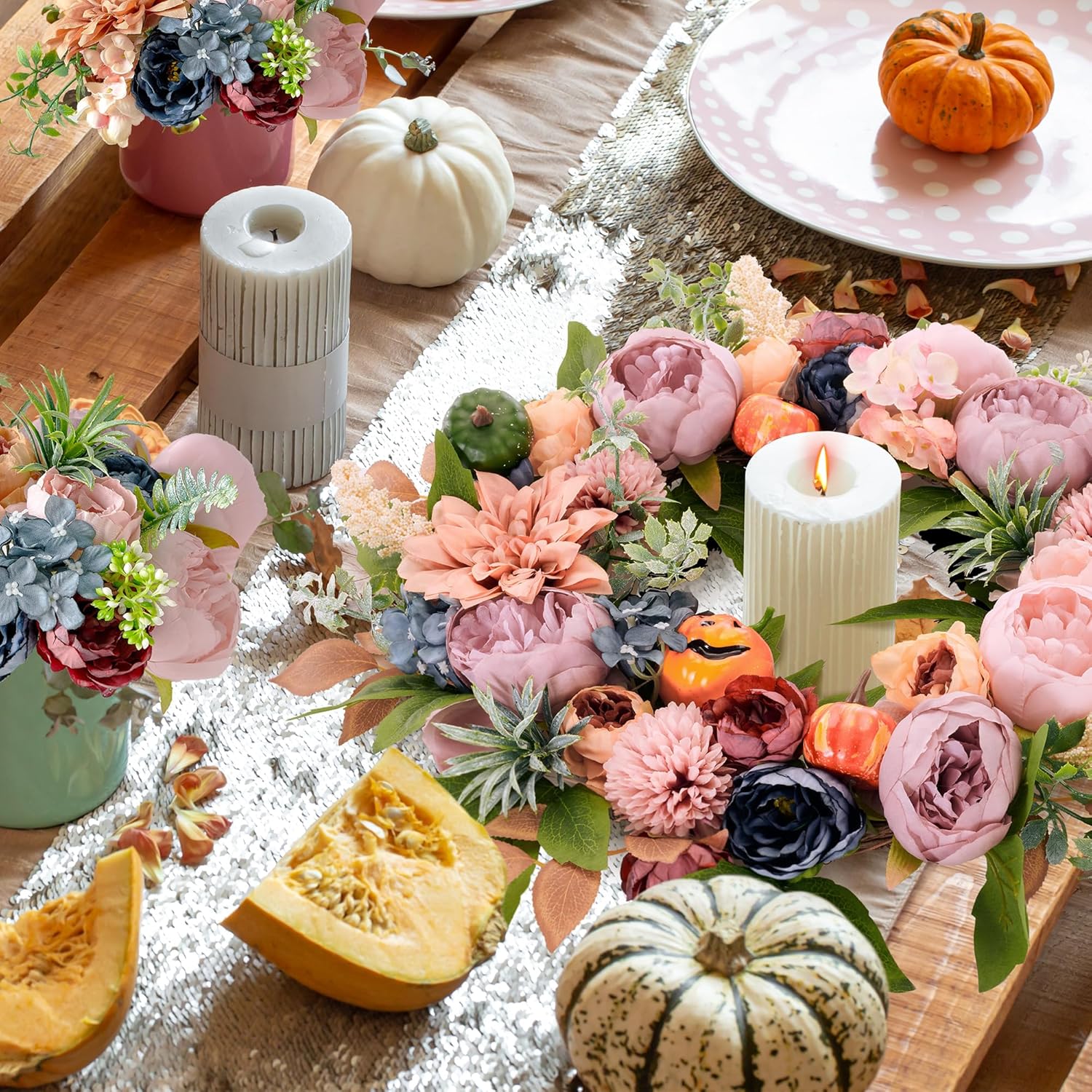 Fall Wreath for Front Door with Fake Peony and Pumpkins, 15 Inch Autumn Wreath for Halloween, Harvest & Thanksgiving, Fall Decor