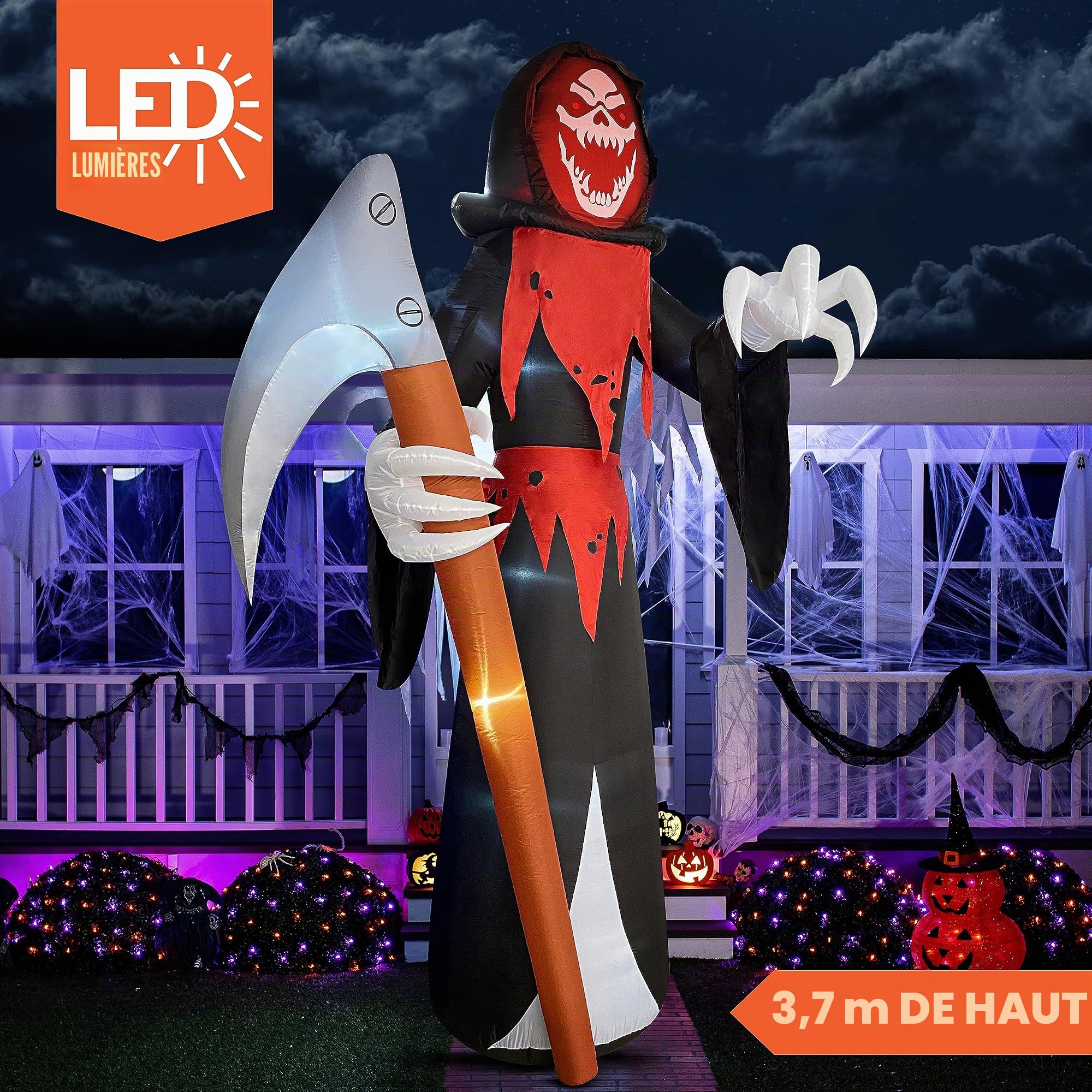 Joiedomi Faucheuse gonflable géante de 3,6 m de haut pour Halloween avec faux - Recheuse gonflable avec LED intégrées pour décorations d'extérieur d'Halloween, cour, pelouse, jardin, fête de vacances